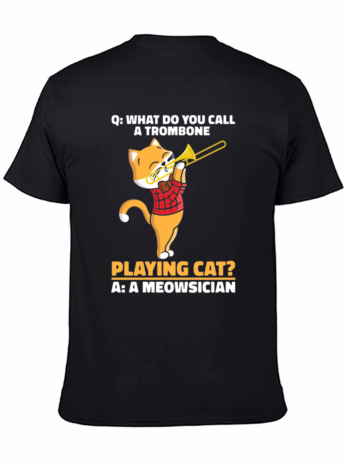Black Meowsician Trombone Cat T-Shirt view 4