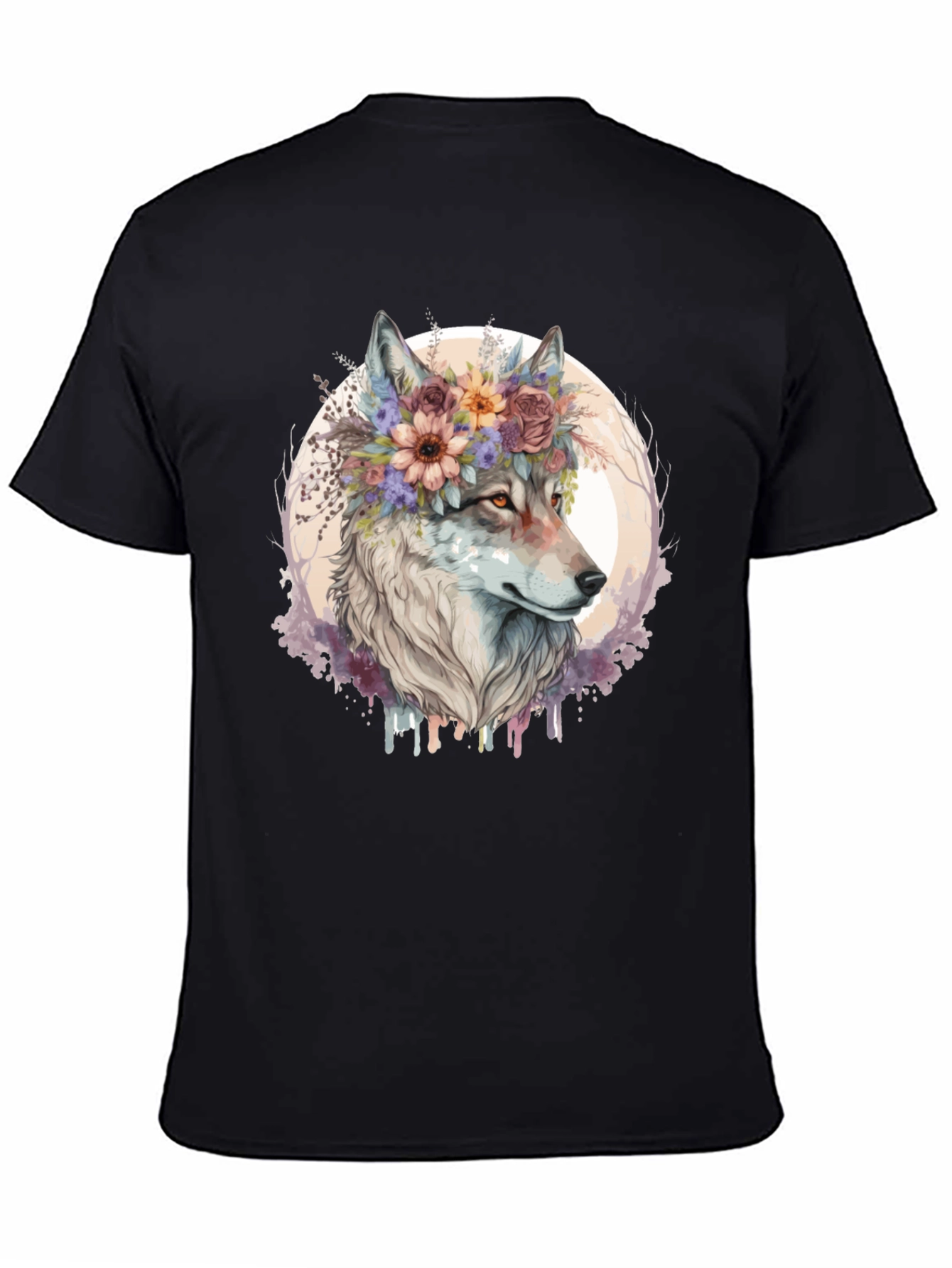 Black Wolf Flower Crown Graphic Tee - Unisex Black T-Shirt view 4