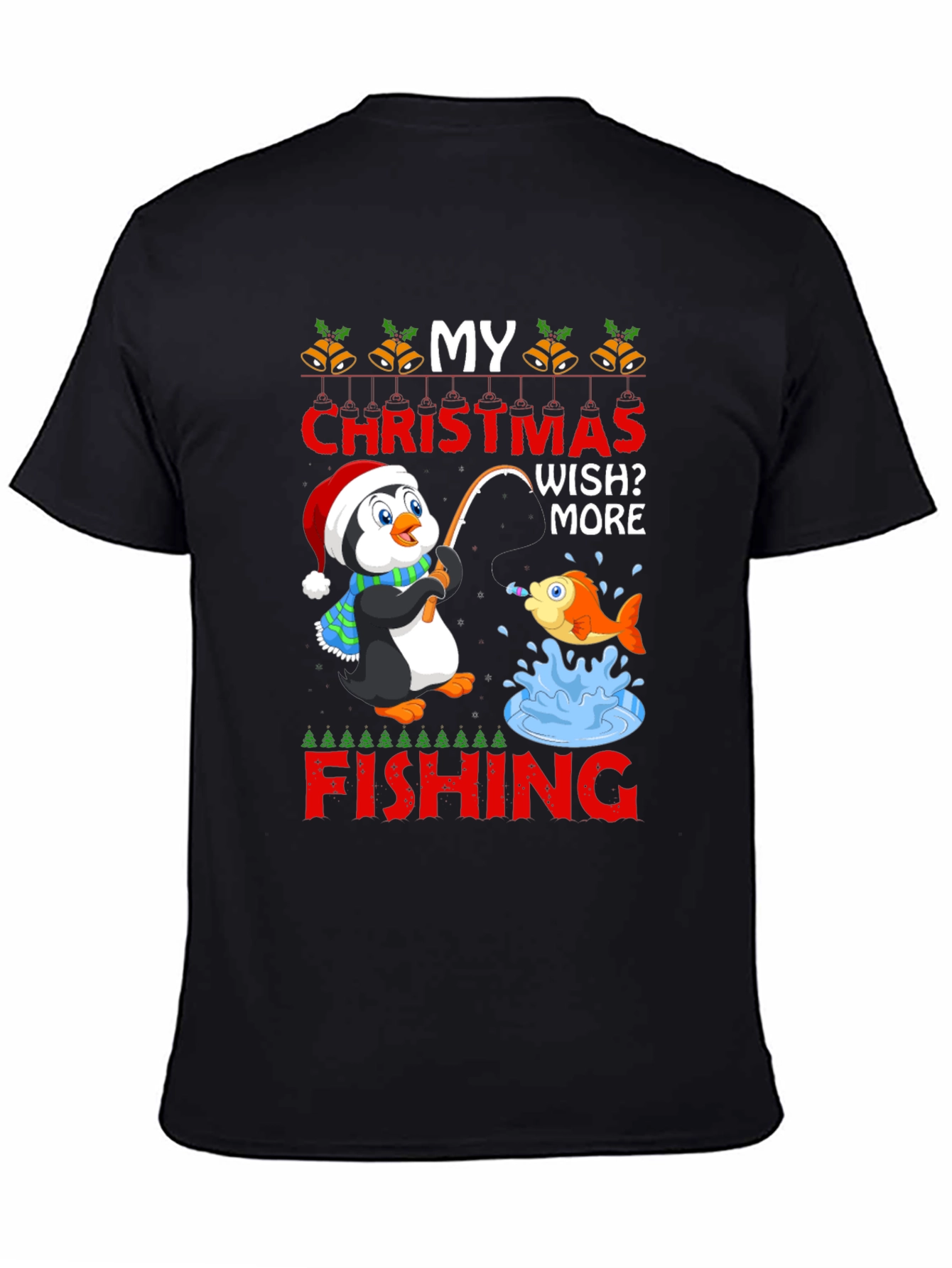 Black Christmas Penguin Fishing T-Shirt view 4