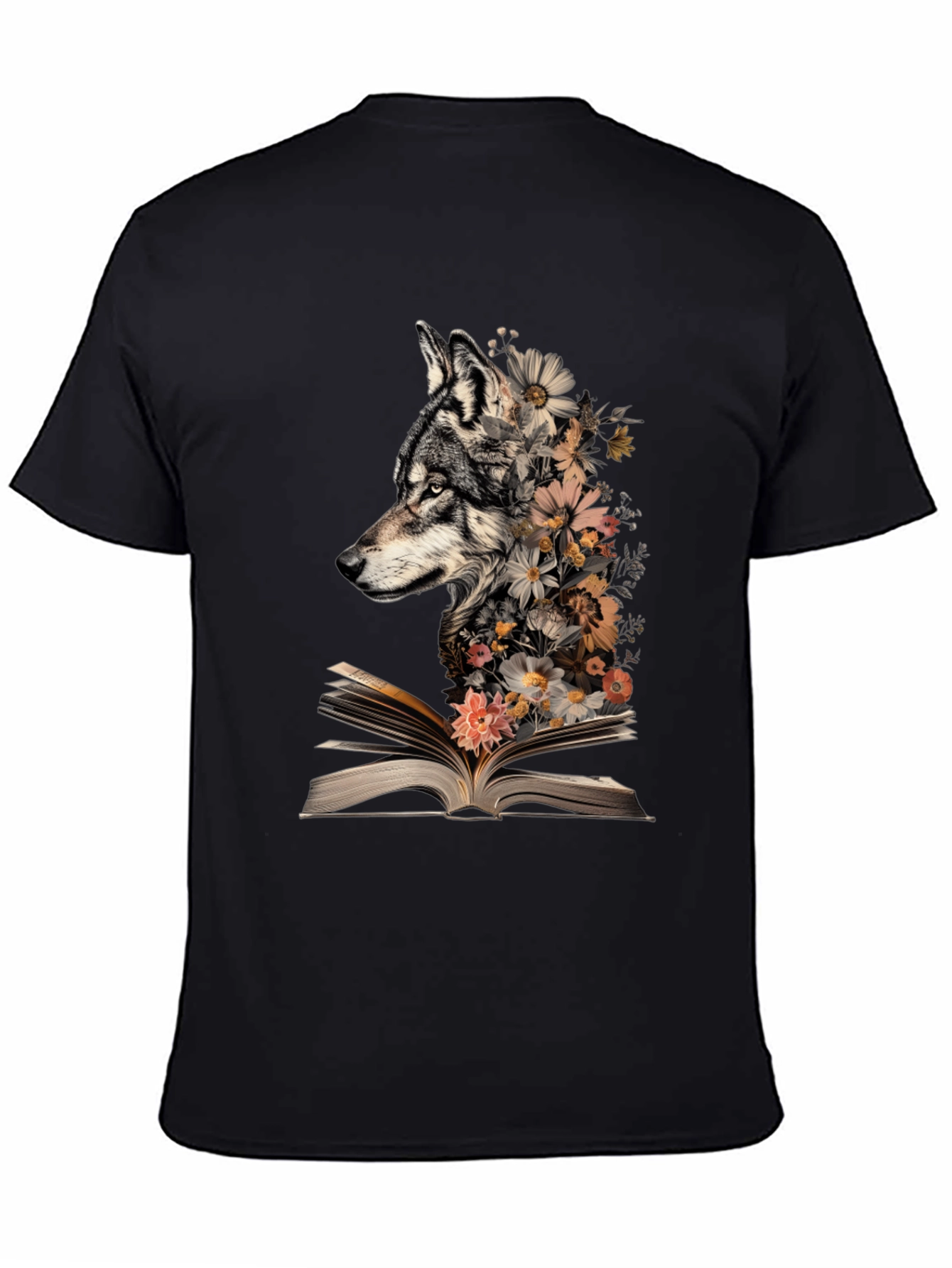 Black Wolf & Floral Book T-Shirt view 4