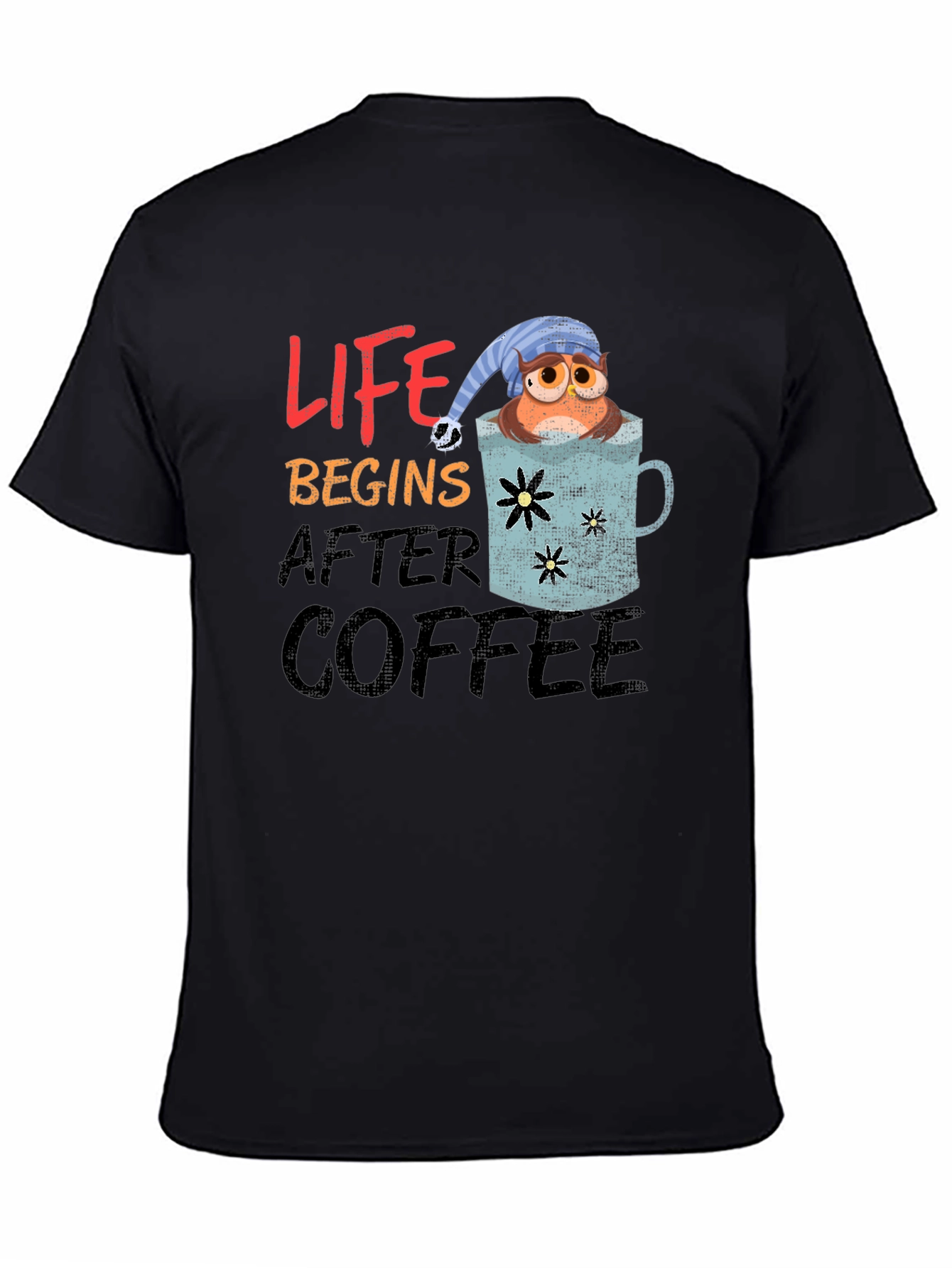 Black Life Begins After Coffee Owl Graphic T-Shirt view 4