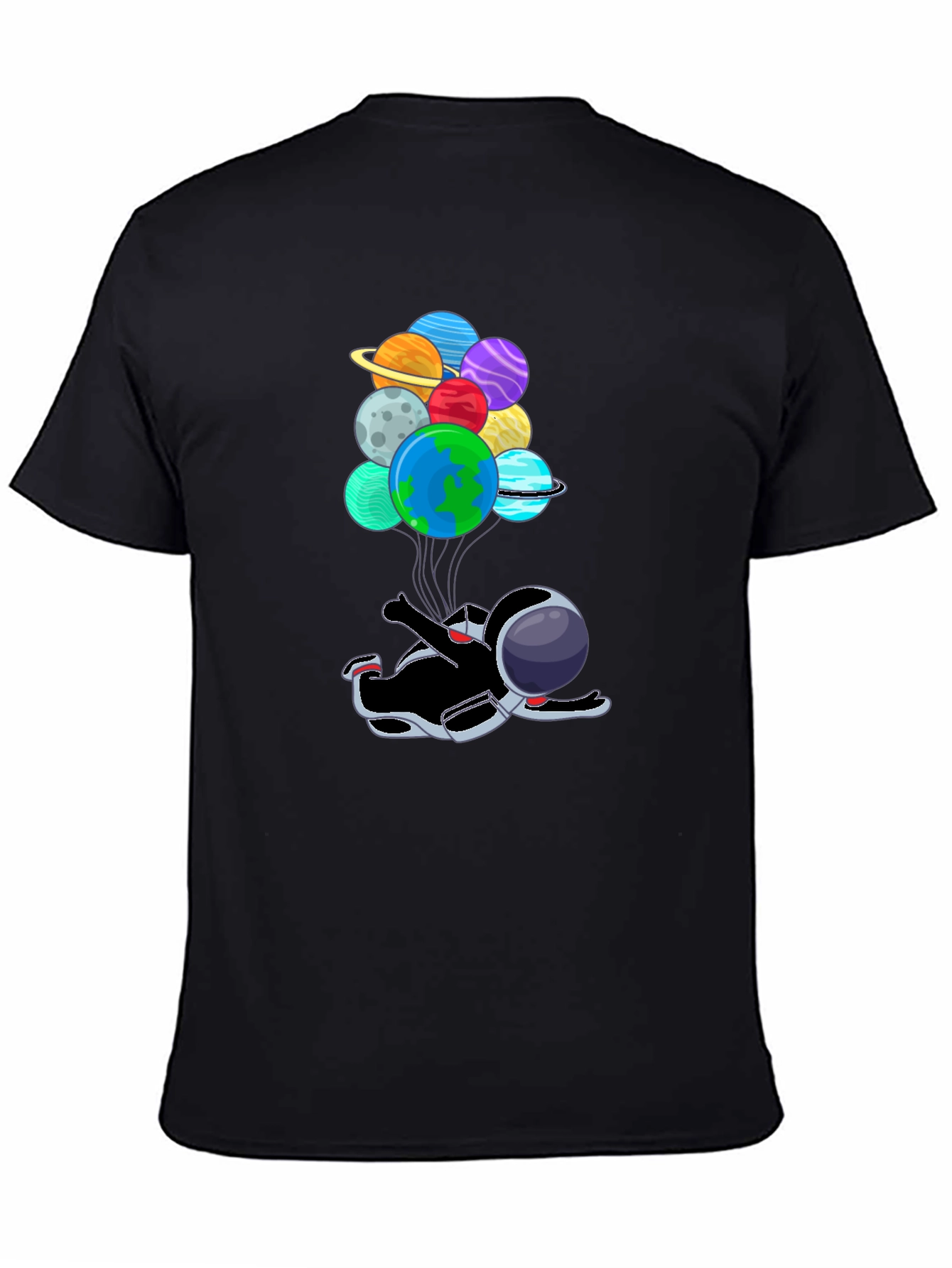 Black Astronaut Floating with Planet Balloons T-Shirt view 4