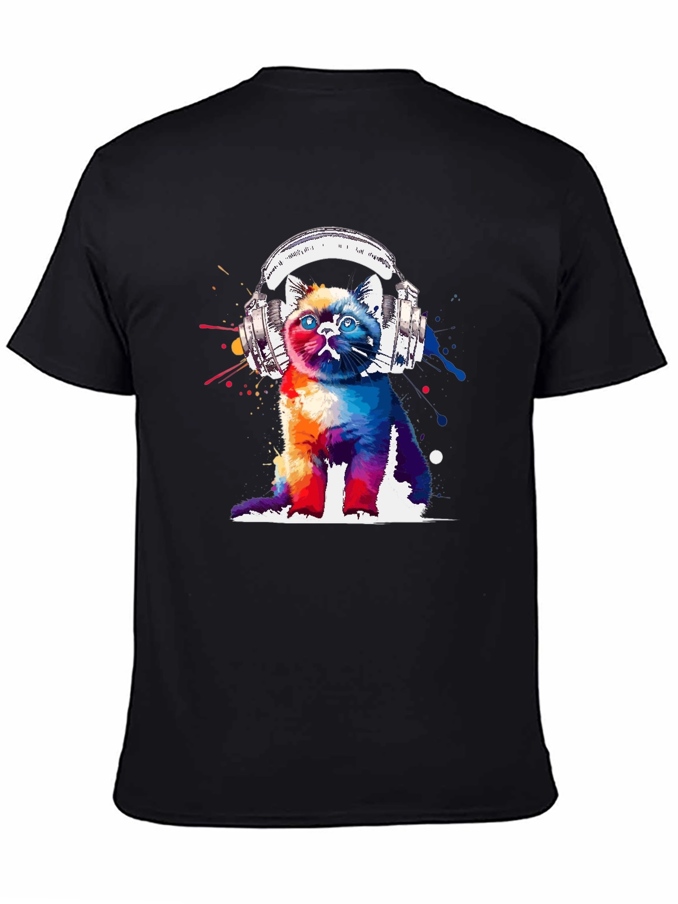 Black Colorful Cat Headphones Graphic T-Shirt view 4