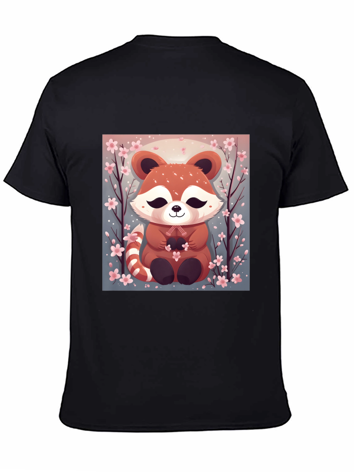 Black Cute Red Panda Cherry Blossom Black T-Shirt view 4