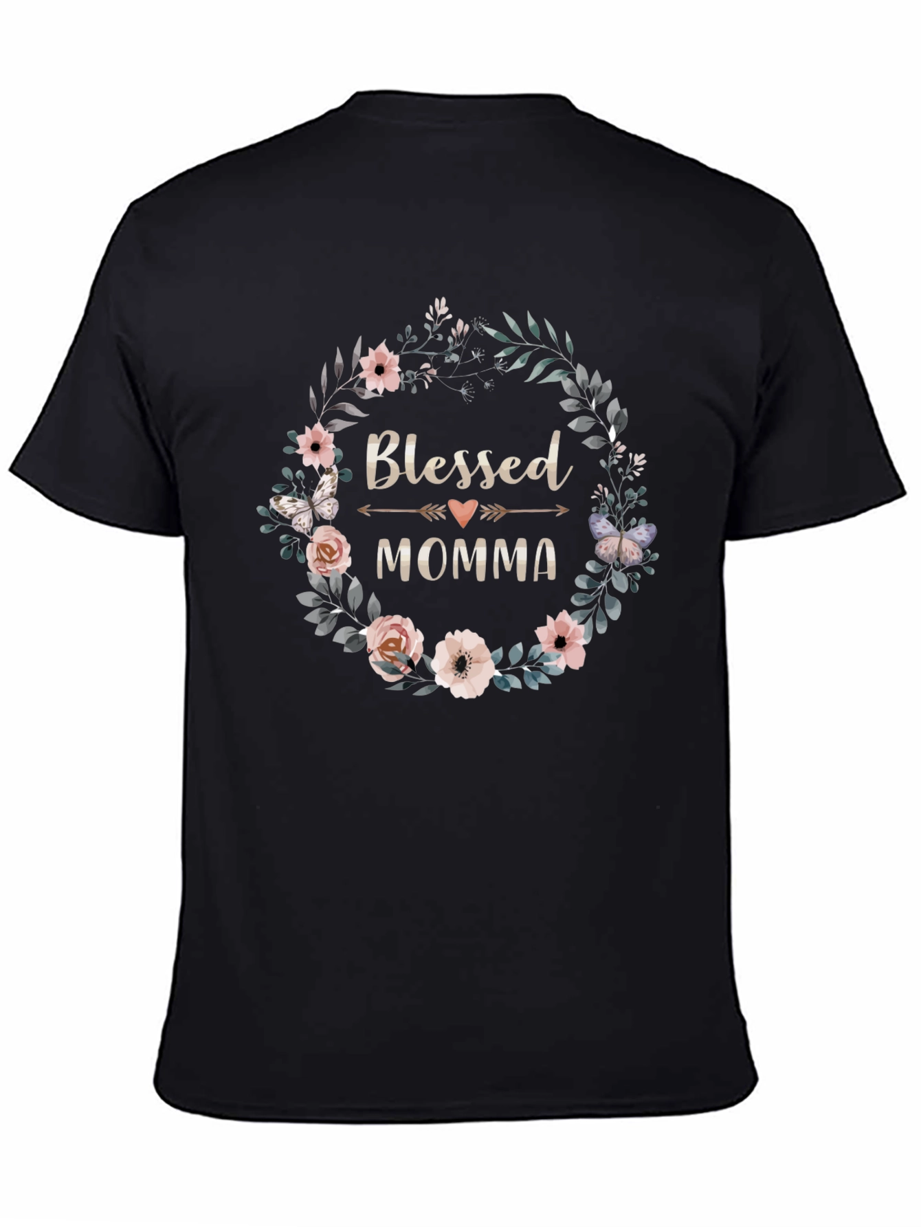 Black Blessed Momma Floral Wreath T-Shirt view 4