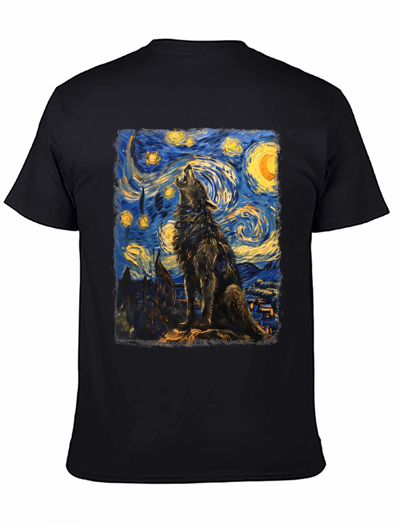 Black Starry Night Wolf Graphic Tee - Unique Artistic Design view 4