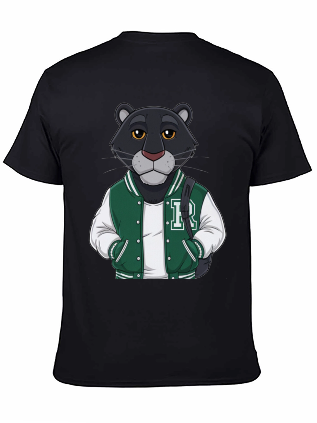 Black Cartoon Panther Varsity Jacket Graphic Tee view 4