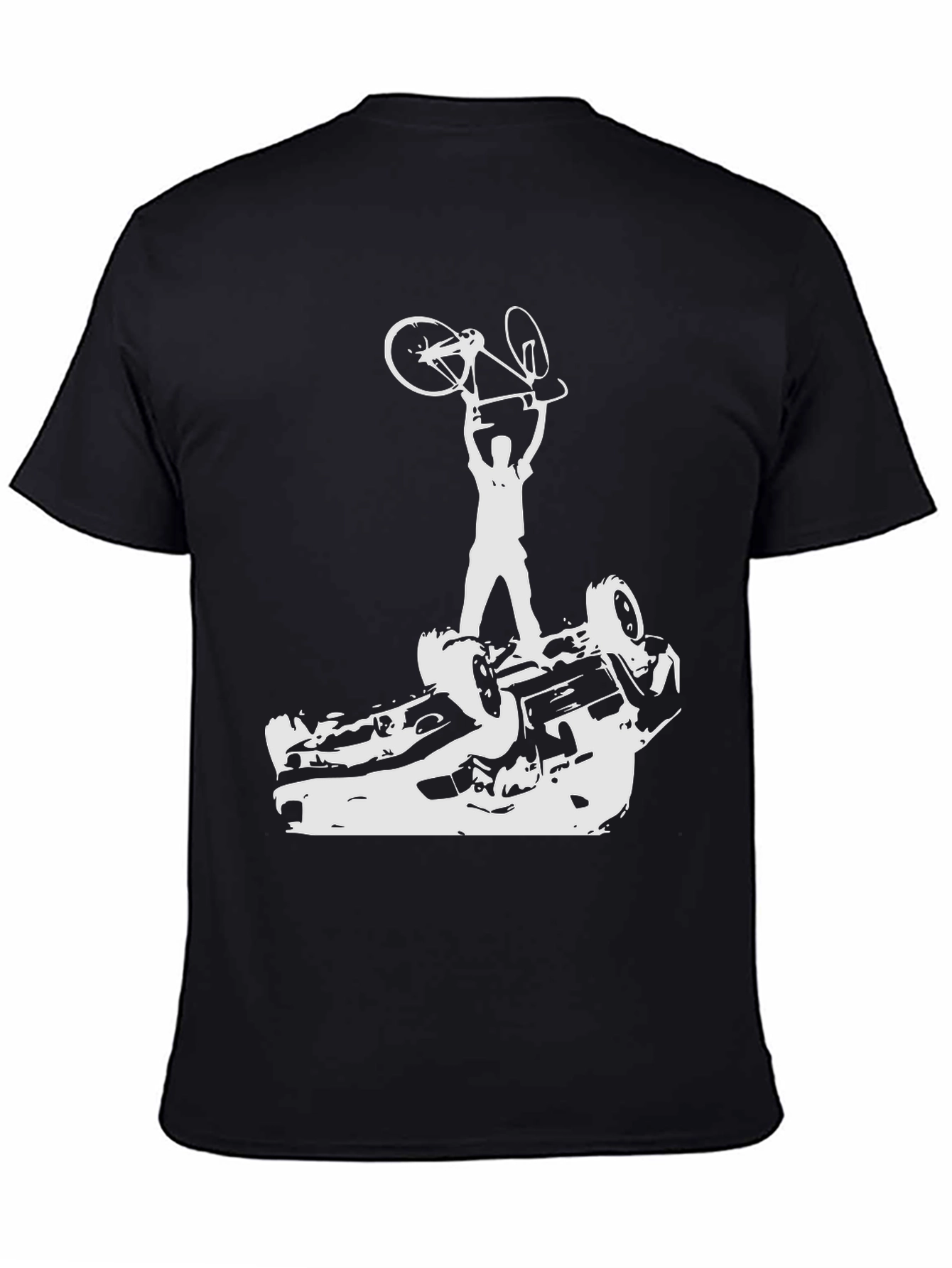 Black Black T-Shirt with Cyclist Car Flip Graphic Tee view 4
