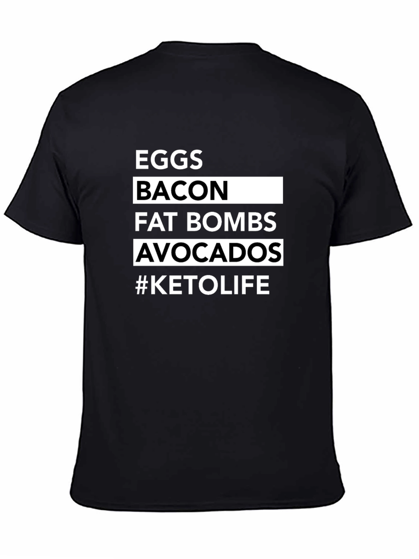 Black Keto Life Black T-Shirt: Eggs, Bacon, Avocados view 4