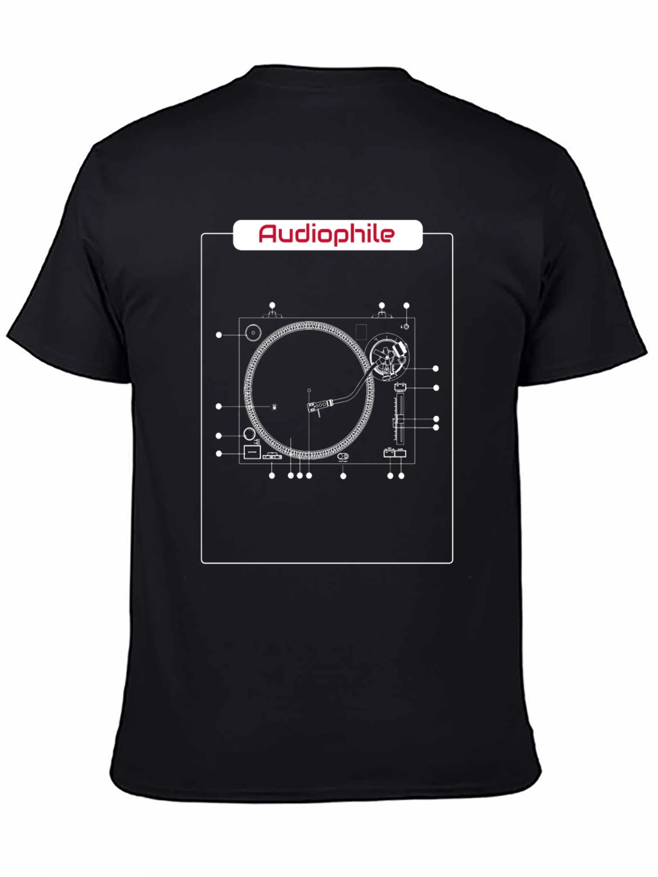 Black Audiophile Turntable Blueprint T-Shirt view 4