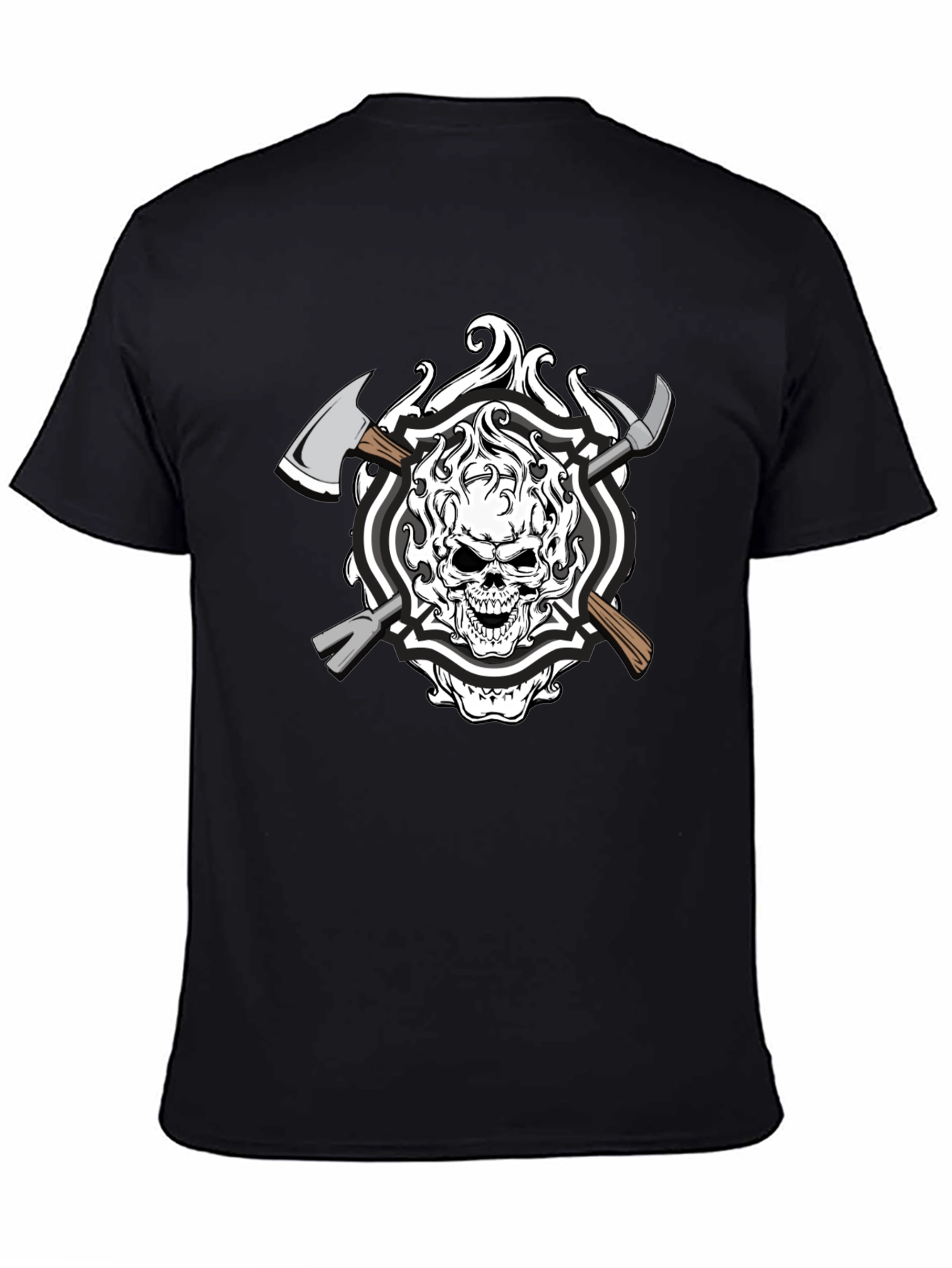 Black Skull Firefighter Axe Graphic T-Shirt - Black Cotton view 4