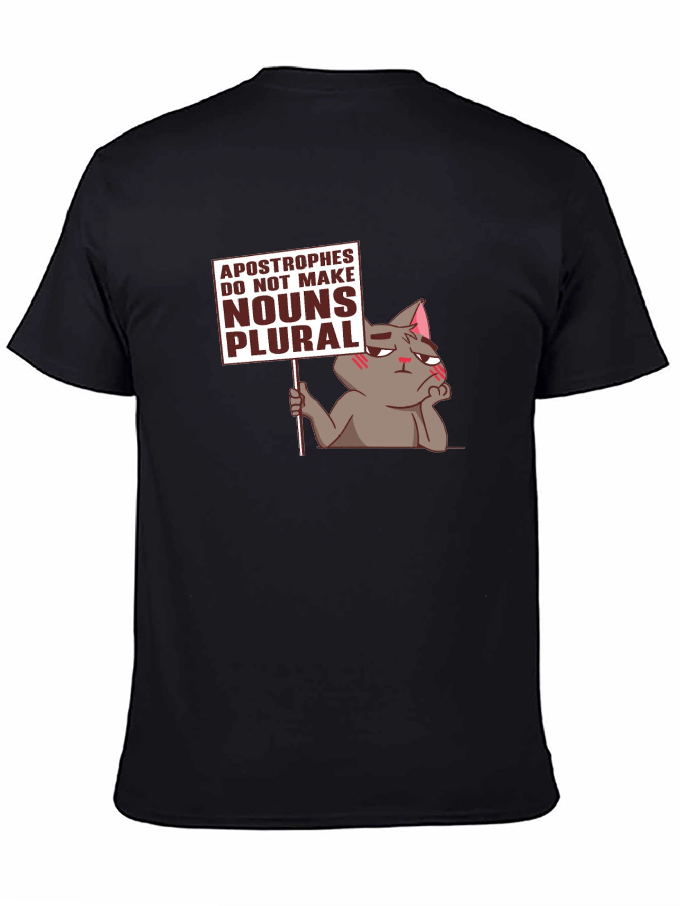Black Grammar Cat T-Shirt - Apostrophes Do Not Make Nouns Plural Tee view 4
