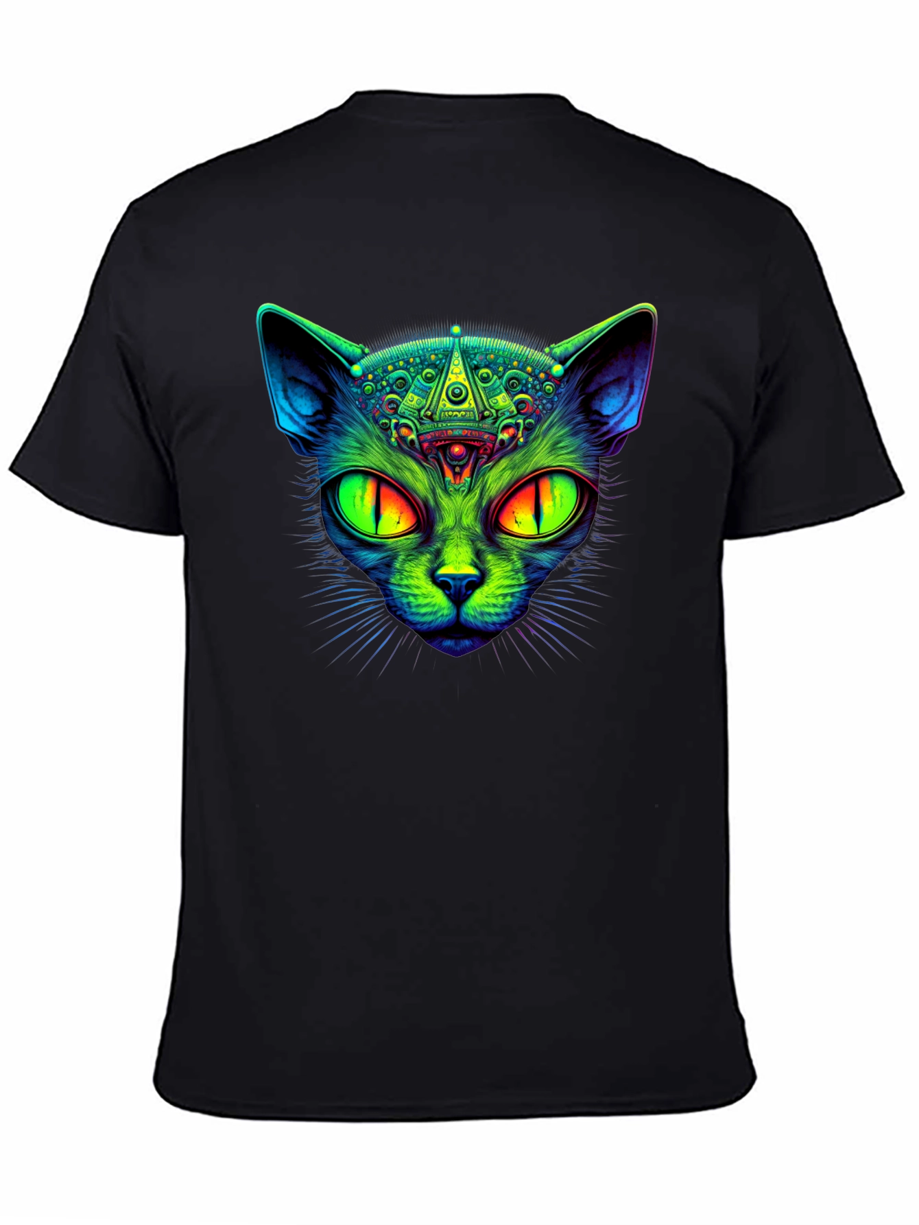 Black Psychedelic Cat Graphic Tee - Black Cotton T-Shirt view 4