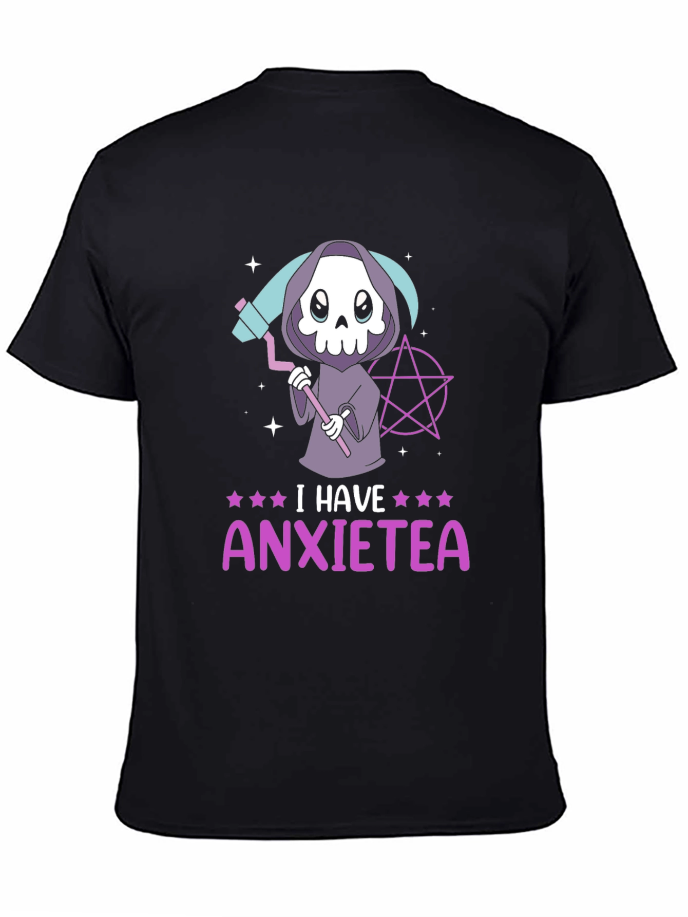 Black Anxietea T-Shirt - Cute Grim Reaper Design view 4