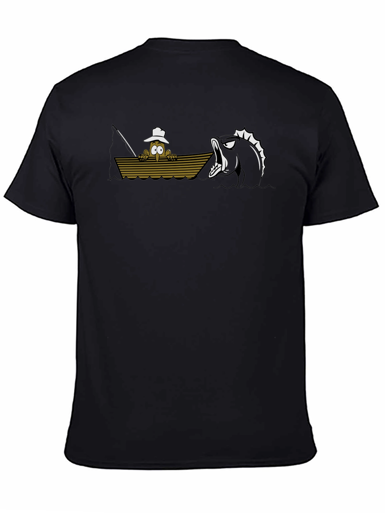 Black Cartoon Fisherman vs Monster Fish Black T-Shirt view 4