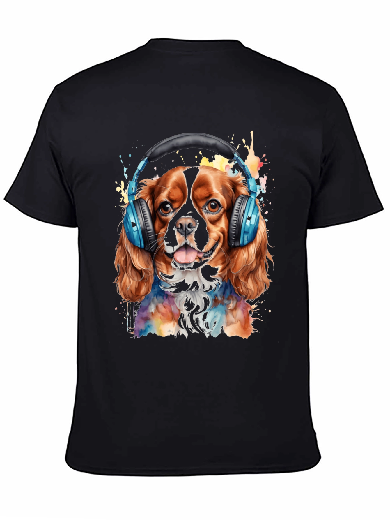 Black Dog with Headphones T-Shirt - Colorful Watercolor Design view 4