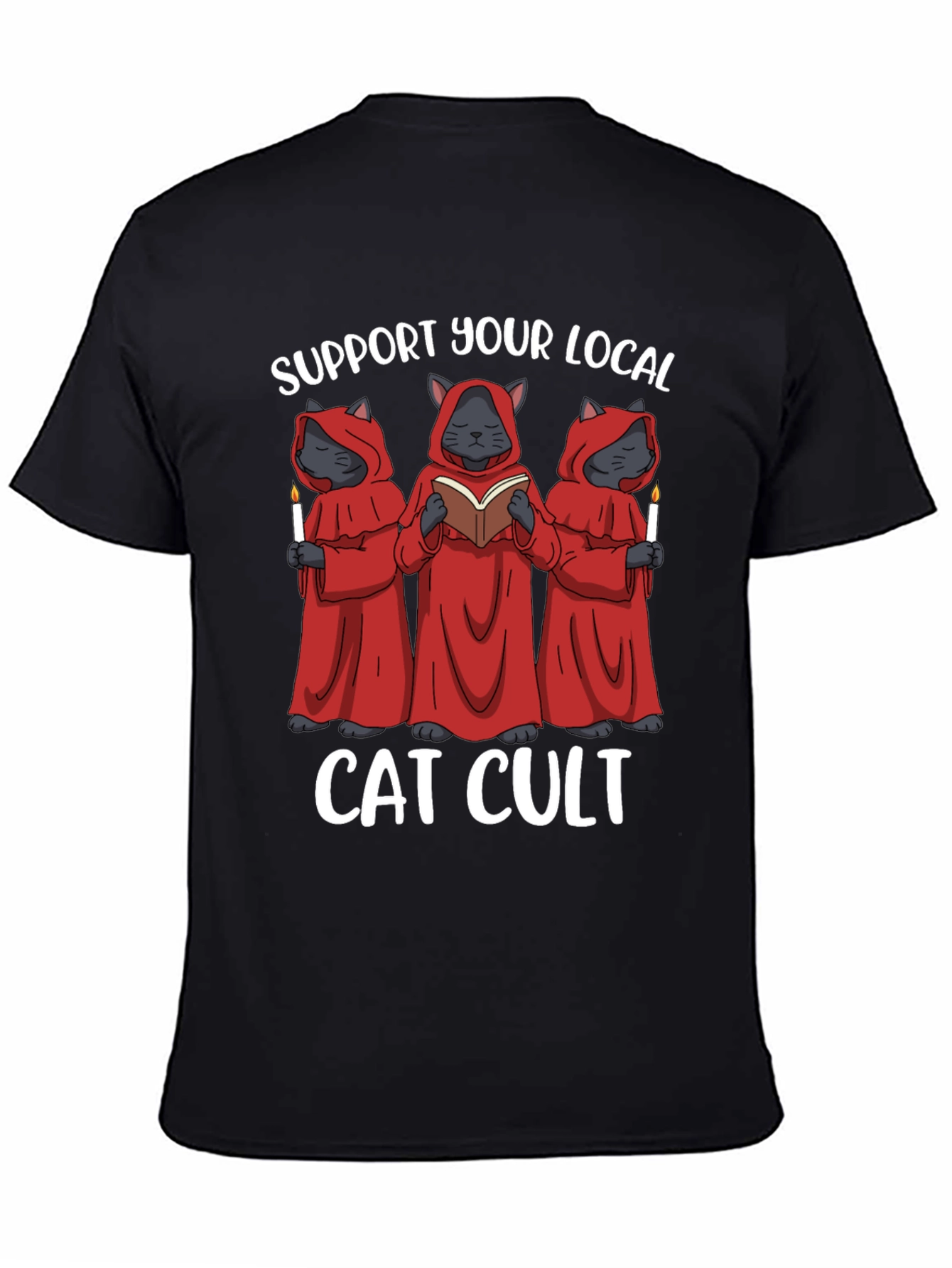 Black Support Your Local Cat Cult T-Shirt view 4