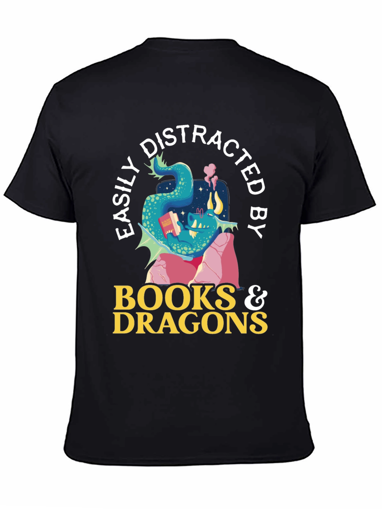 Black Easily Distracted by Books and Dragons T-Shirt view 4