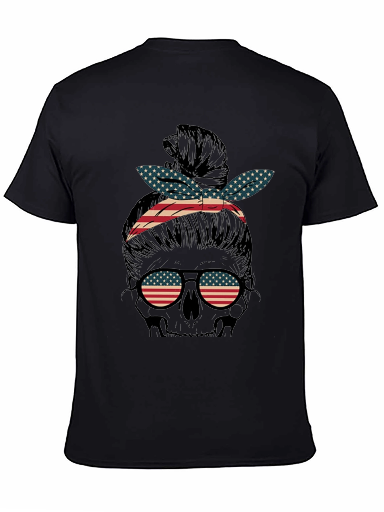 Black American Flag Skull Messy Bun Graphic Tee view 4