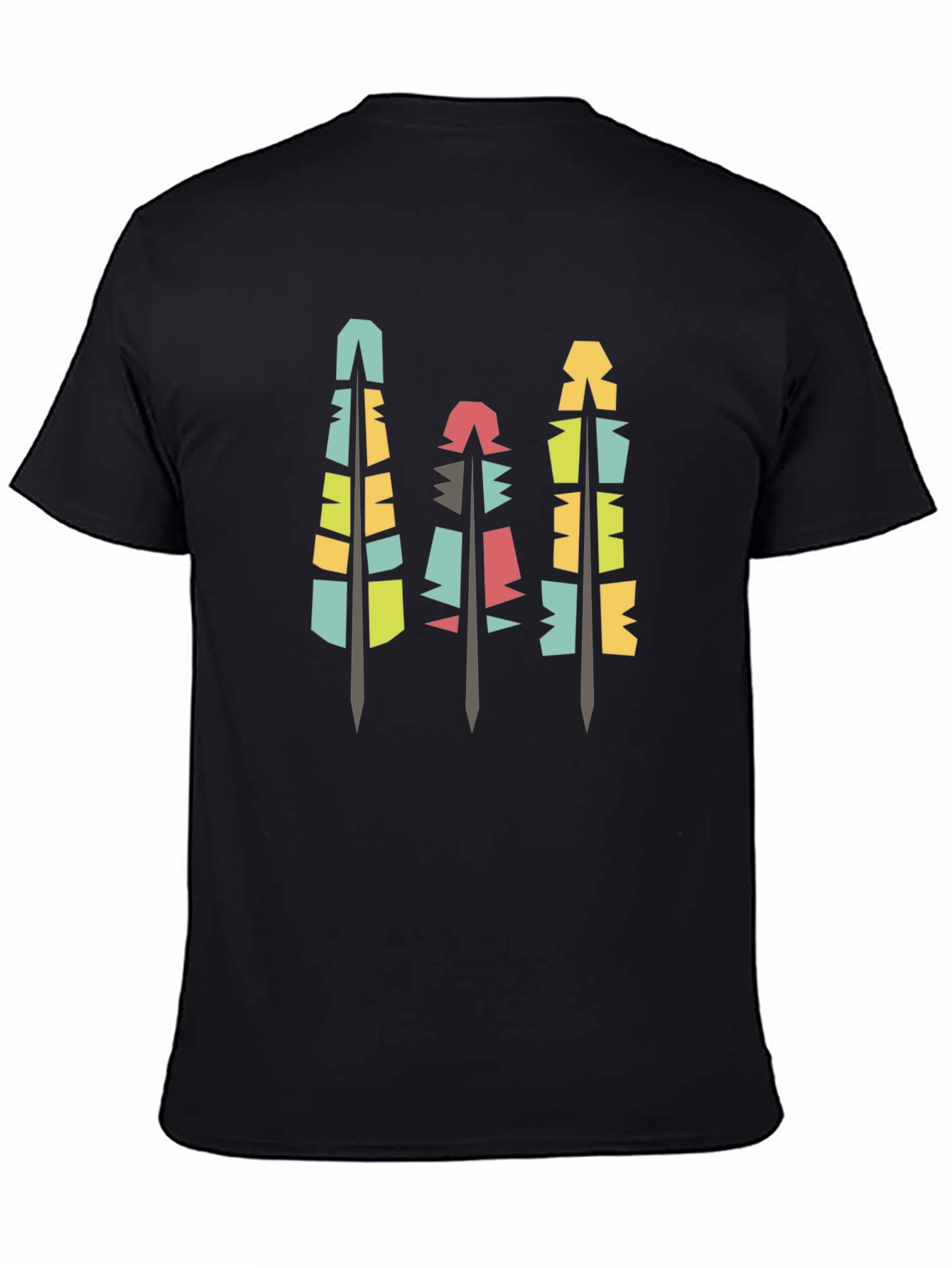 Black Modern Geometric Feathers Black T-Shirt view 4