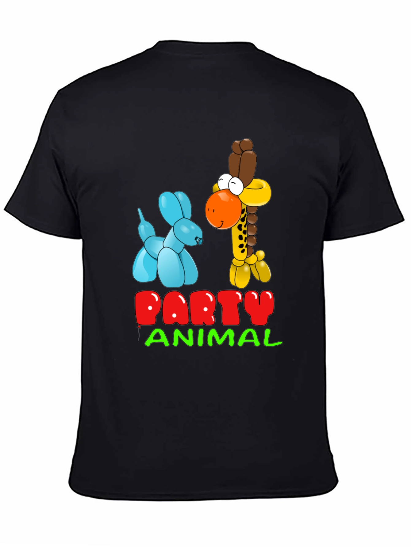 Black Party Animal T-Shirt with Balloon Giraffe and Dog Design view 4