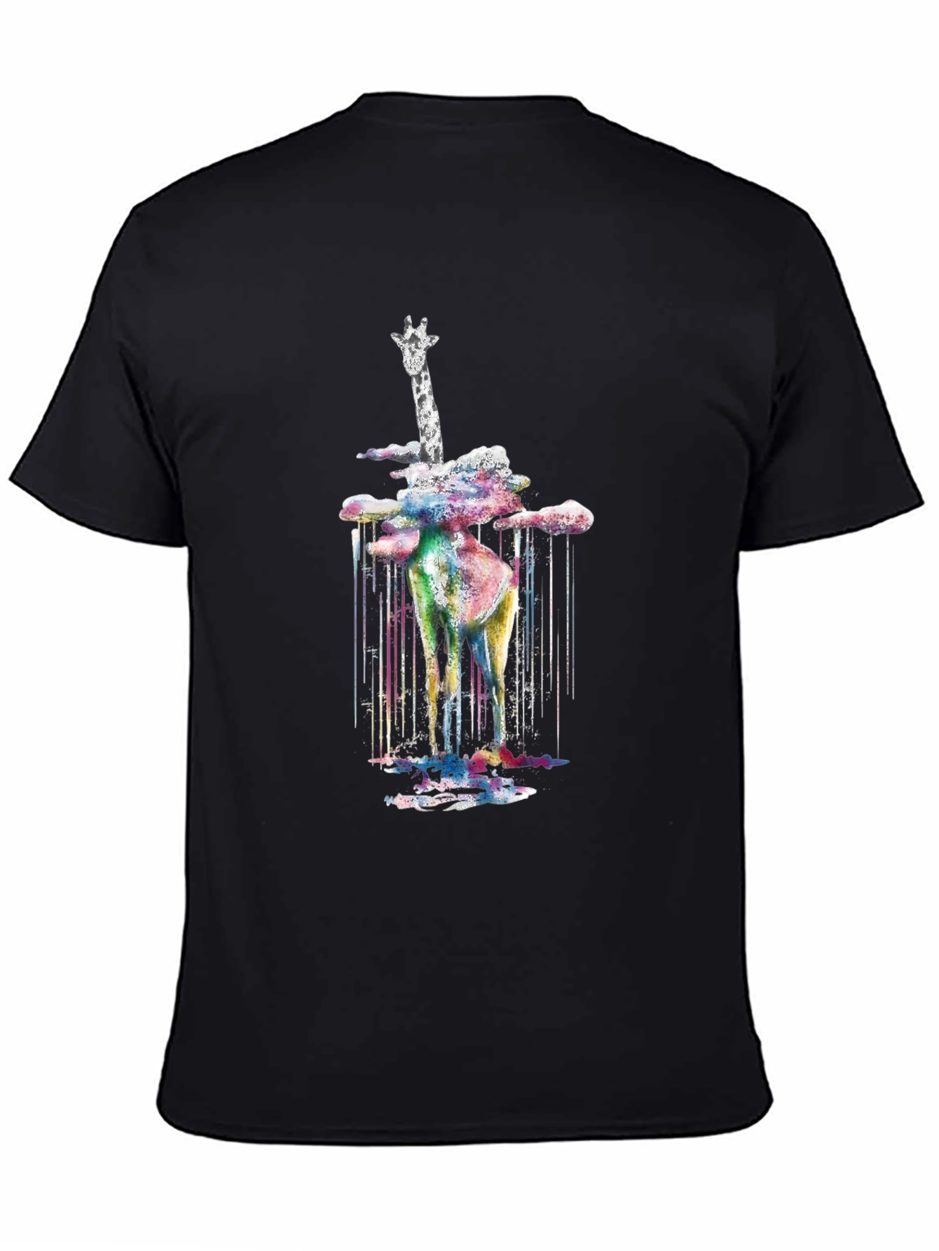 Black Watercolor Giraffe Men's Black T-Shirt view 4