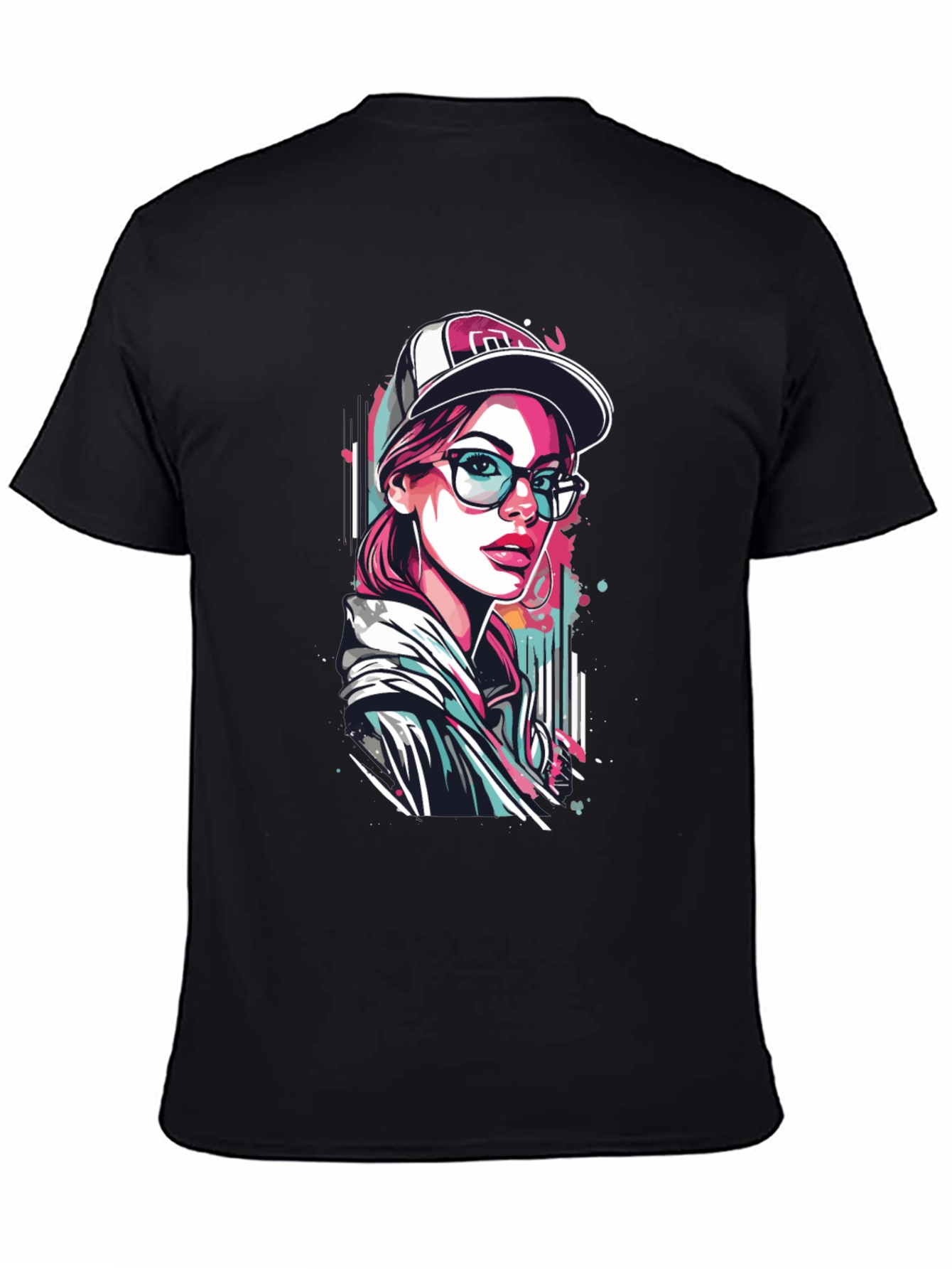 Black Stylish Woman Graphic Print Black T-Shirt view 4