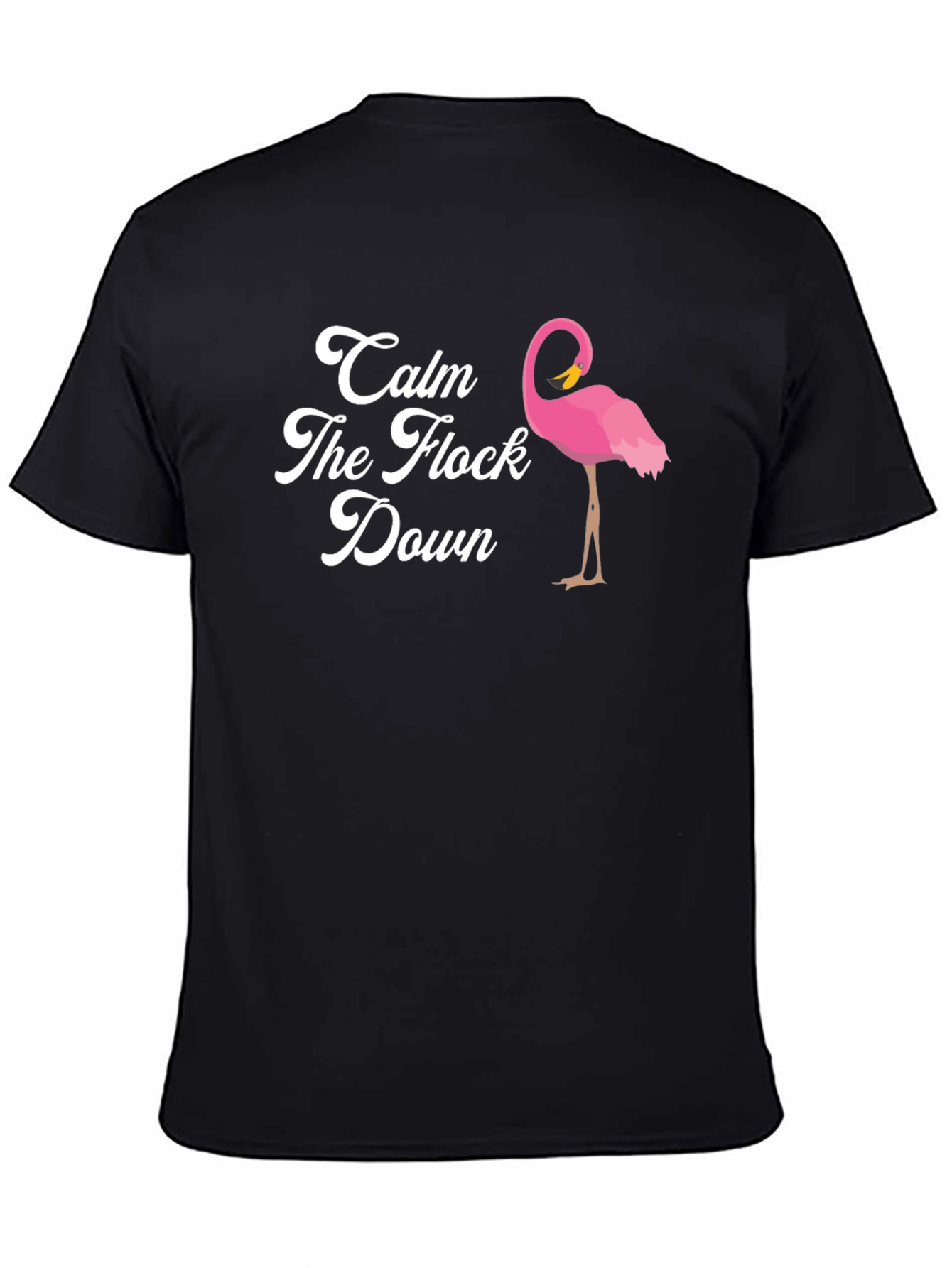 Black Calm The Flock Down T-Shirt, Funny Flamingo Tee view 4
