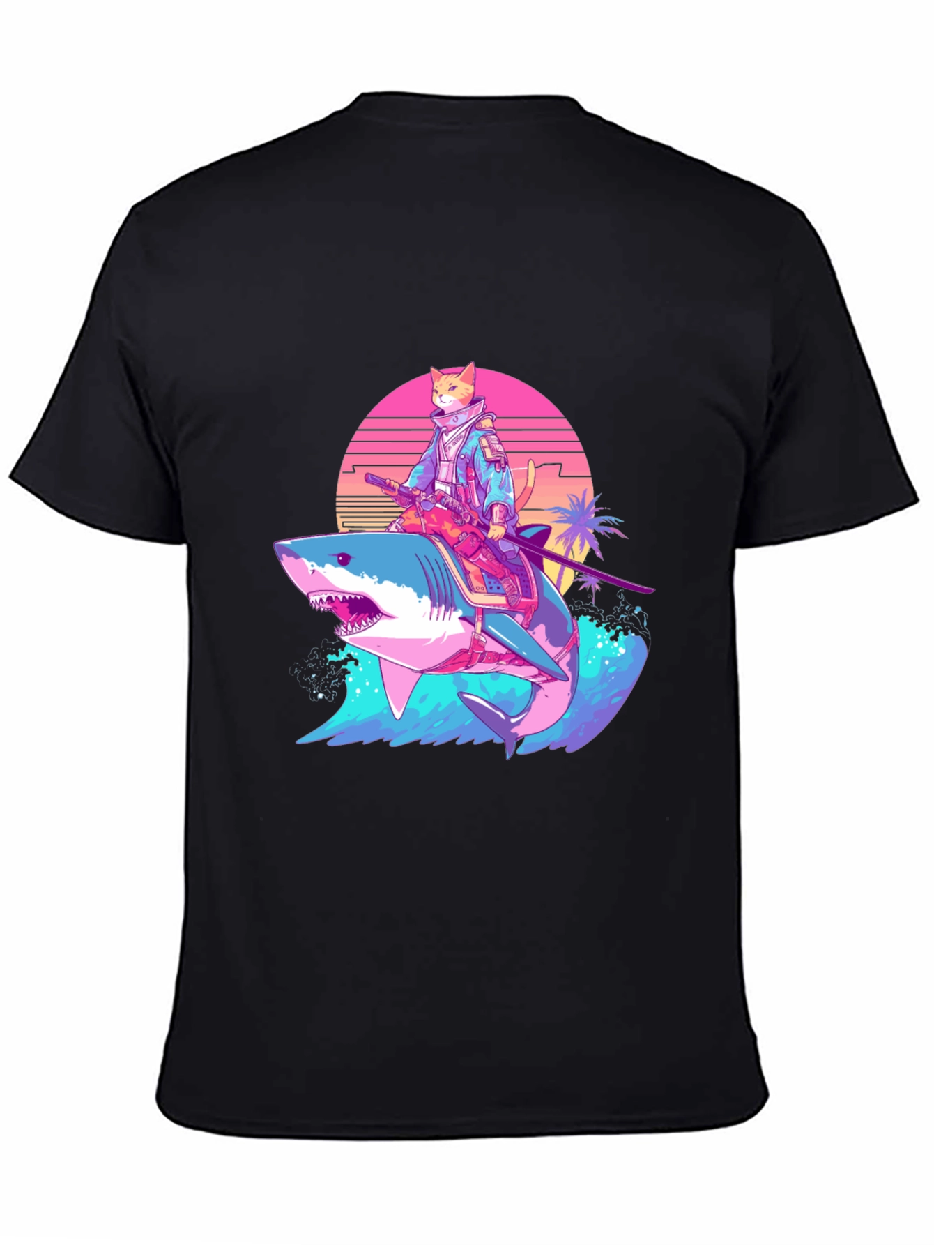 Black Cat Samurai Riding Shark T-Shirt view 4