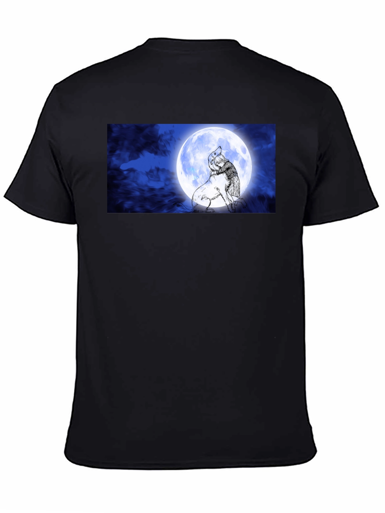 Black Moonlit Embrace T-Shirt: Man & Wolf Design view 4