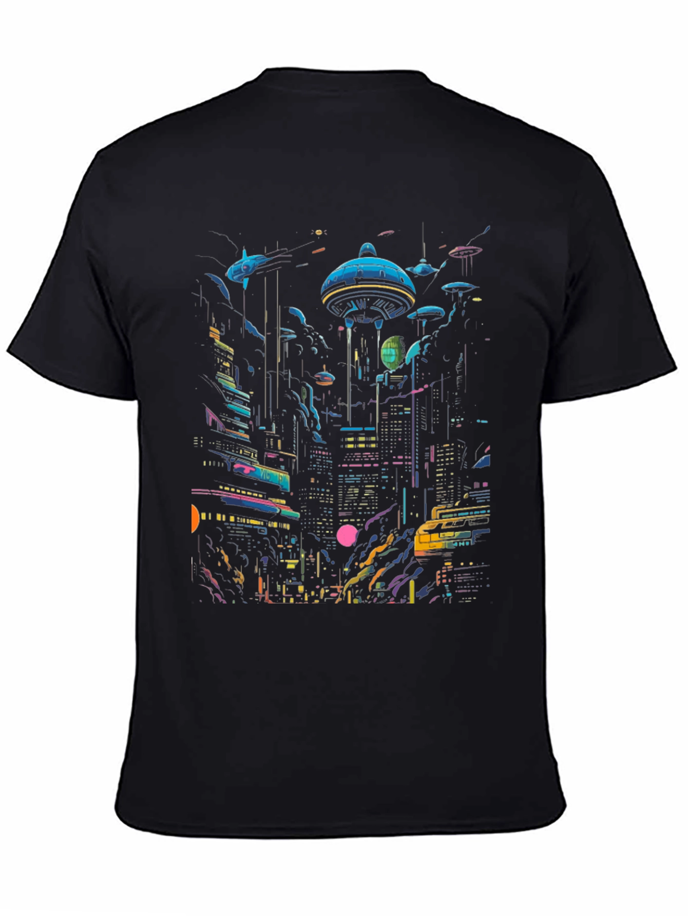 Black Neon Cityscape Graphic Tee - Retro Future Design view 4