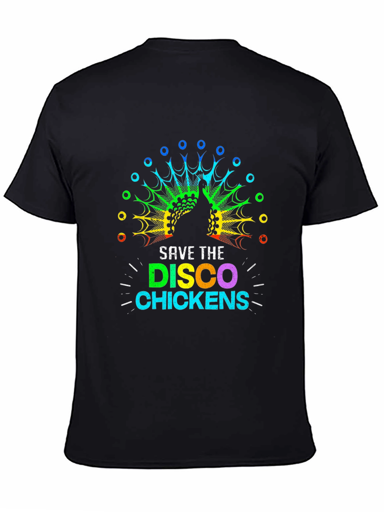 Black Save The Disco Chickens T-Shirt - Rainbow Peacock Design view 4