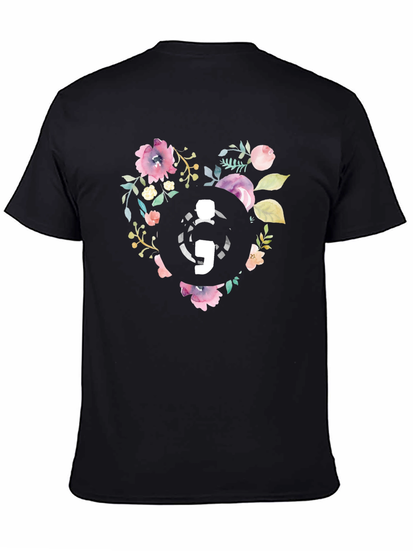 Black Floral Semicolon Heart Graphic Tee - Black view 4