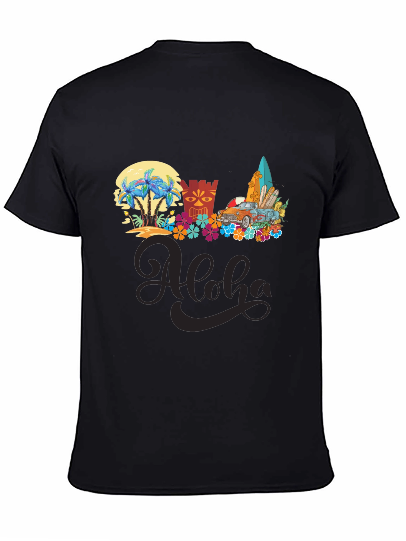 Black Aloha Summer T-Shirt: Beach Car & Surfboards view 4