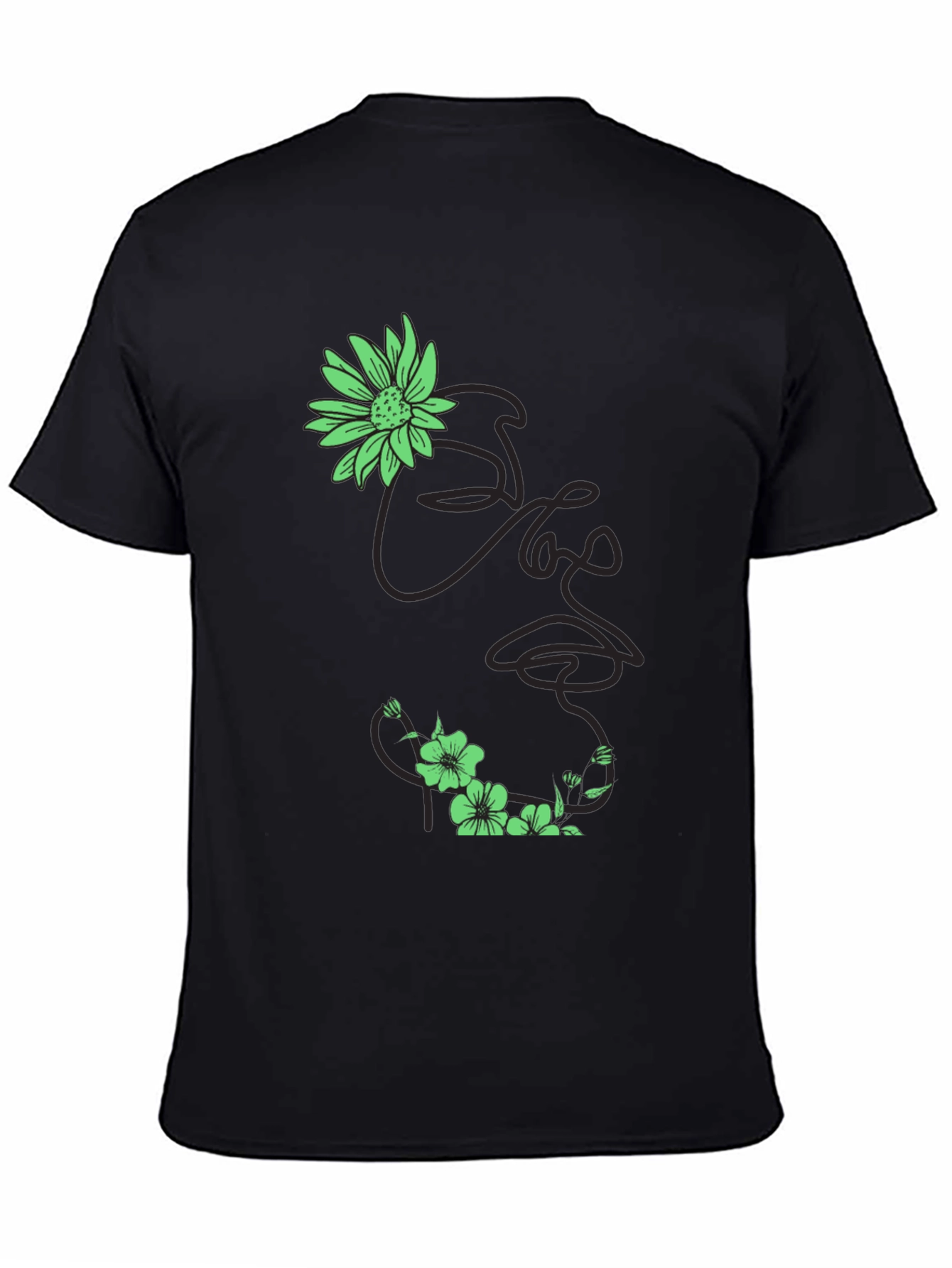 Black Floral Face Line Art Black T-Shirt view 4