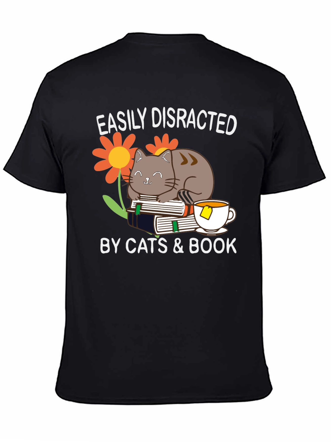 Black Easily Distracted By Cats & Books T-Shirt view 4