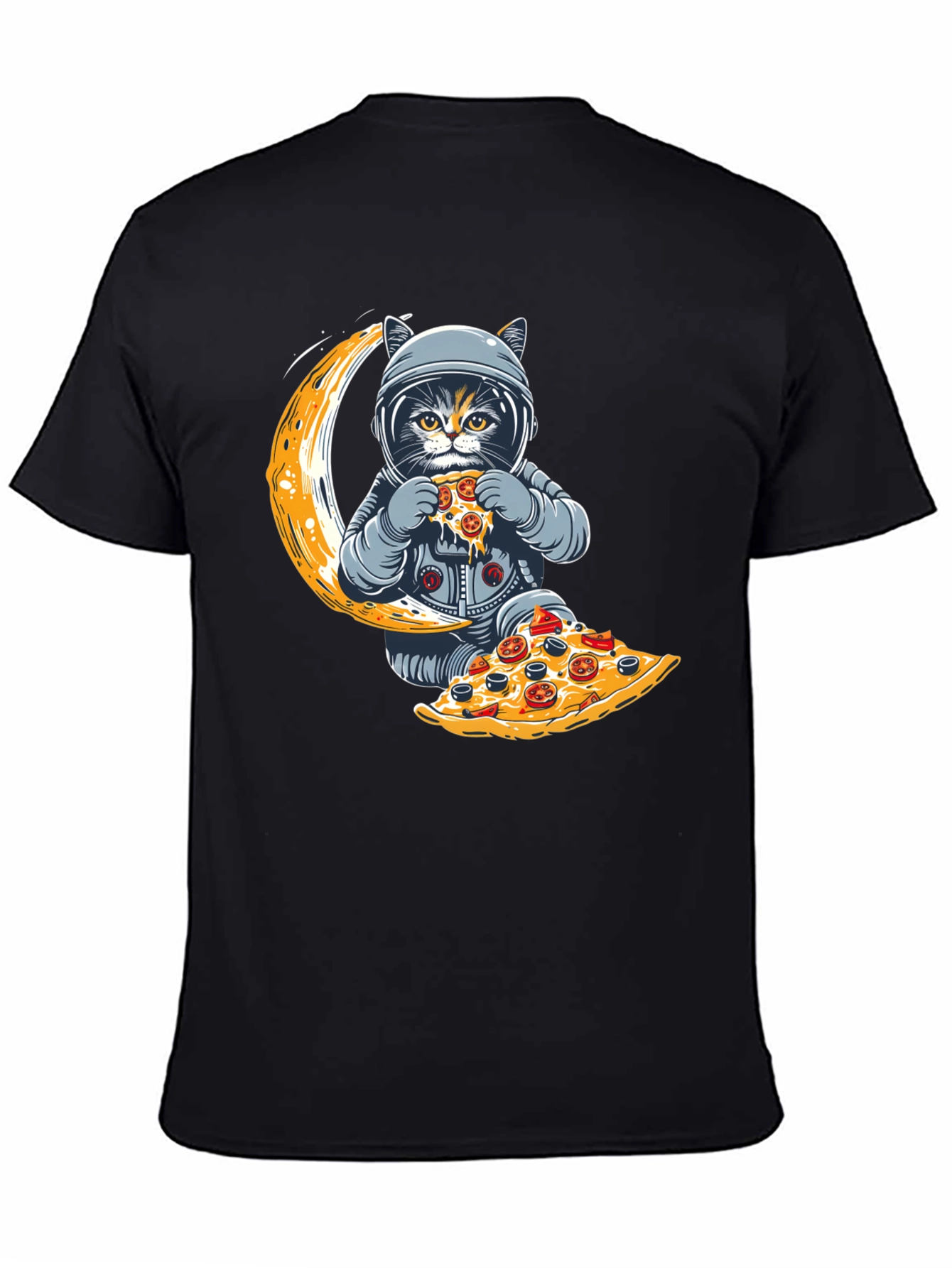 Black Astronaut Cat Pizza Moon T-Shirt view 4