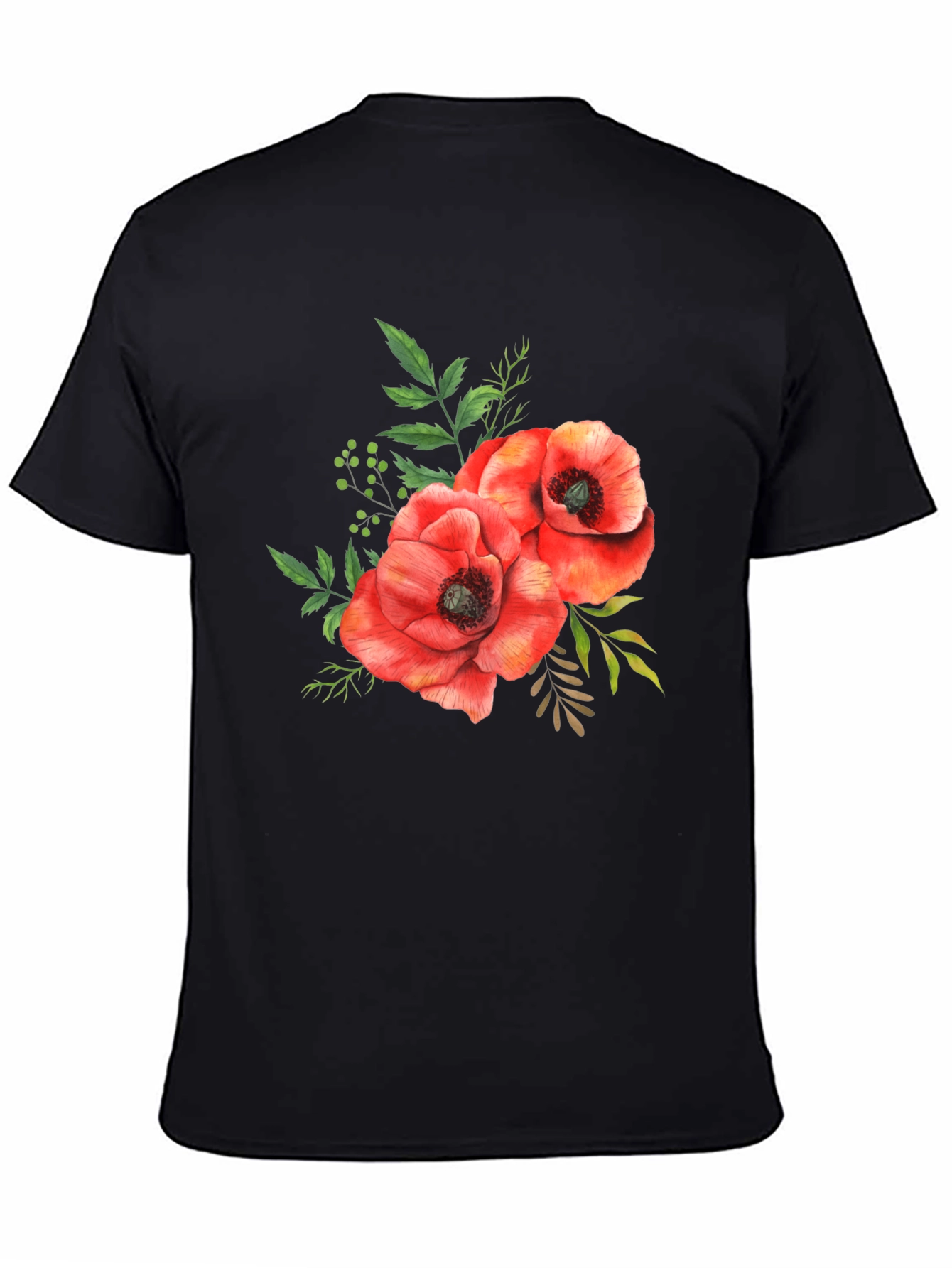 Black Floral Poppy T-Shirt - Black Cotton Tee view 4