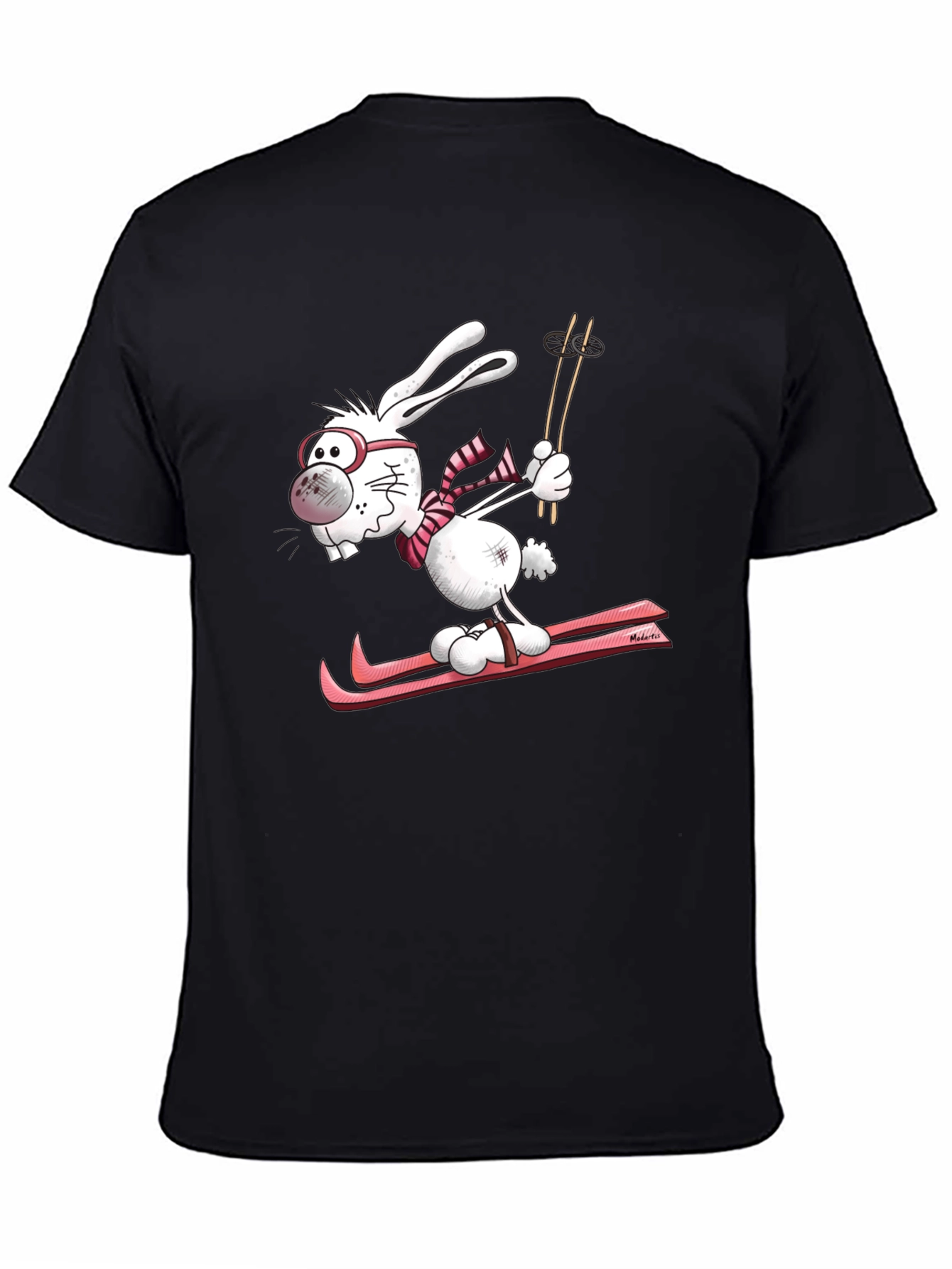 Black Skiing Bunny Graphic Tee - Unisex Black Cotton T-Shirt view 4