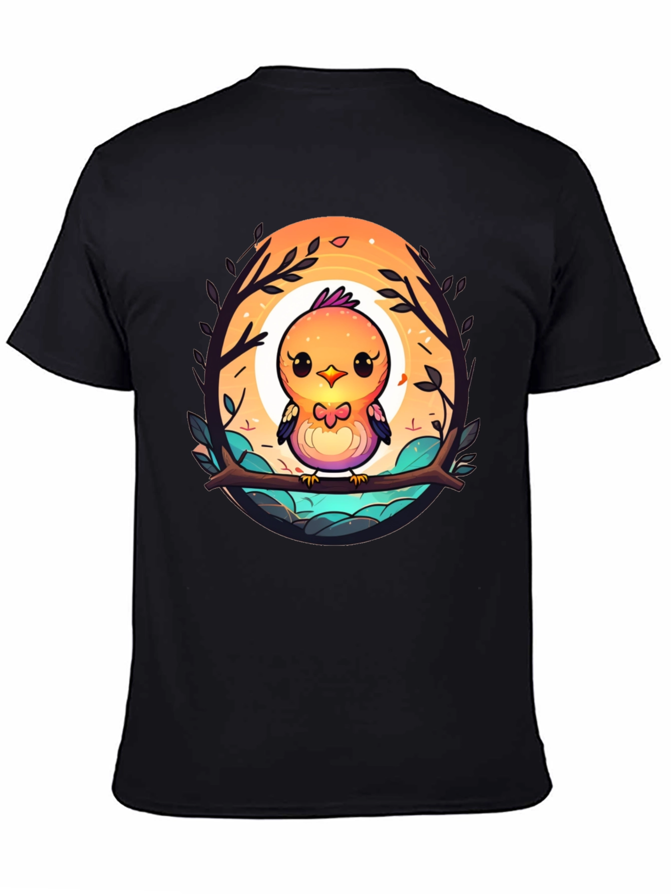 Black Cute Cartoon Bird T-Shirt - Unisex Black Tee view 4