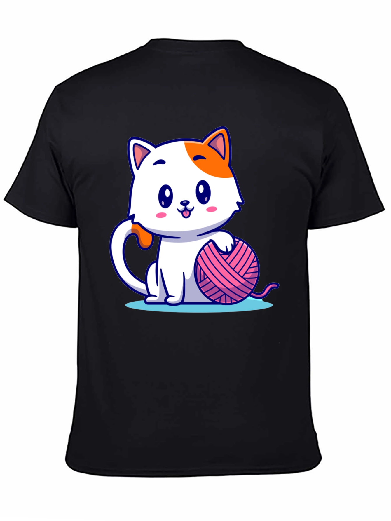 Black Cute Cartoon Cat with Yarn Ball Graphic Tee view 4