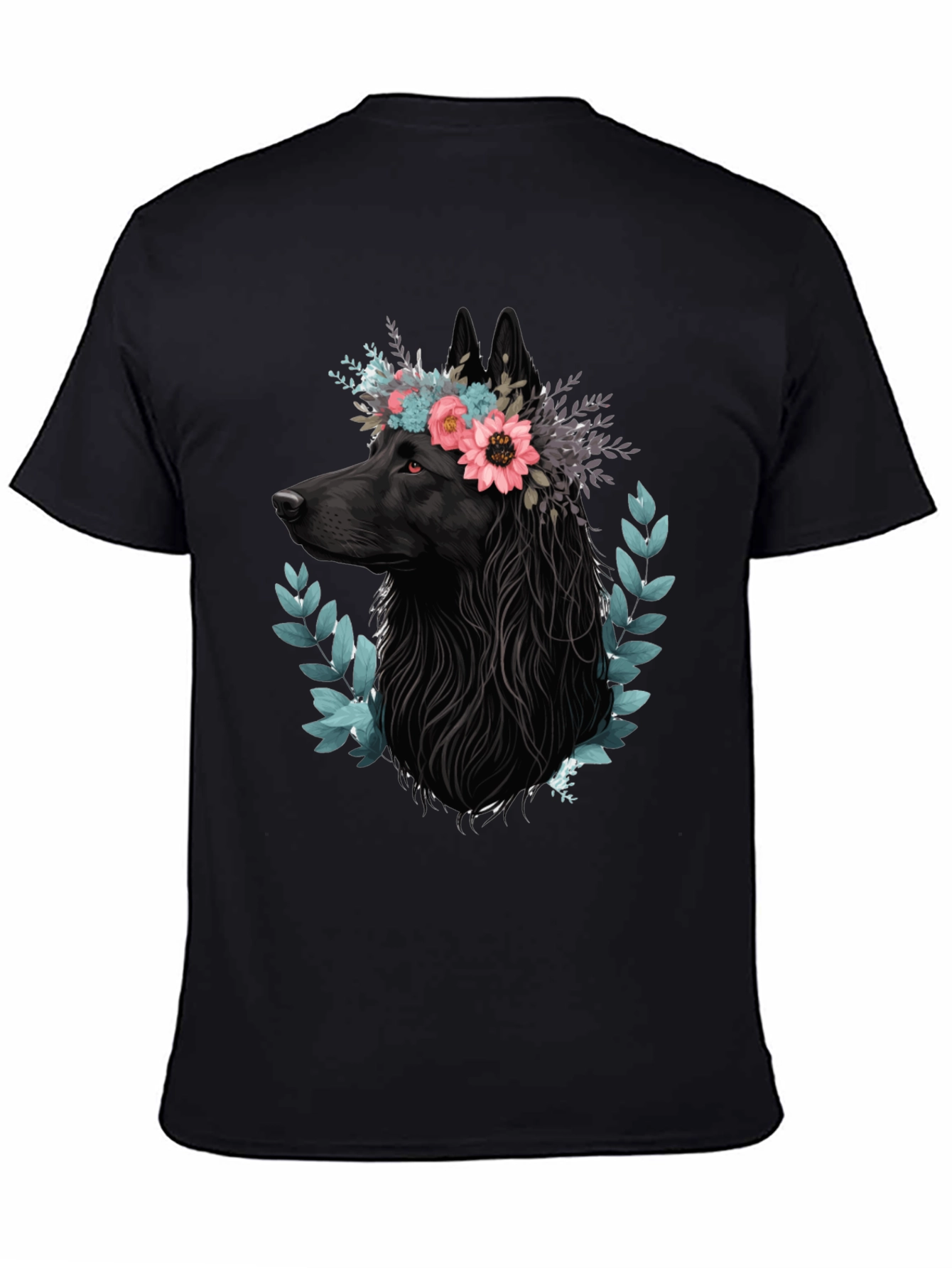 Black Black Wolf Floral Crown T-Shirt view 4
