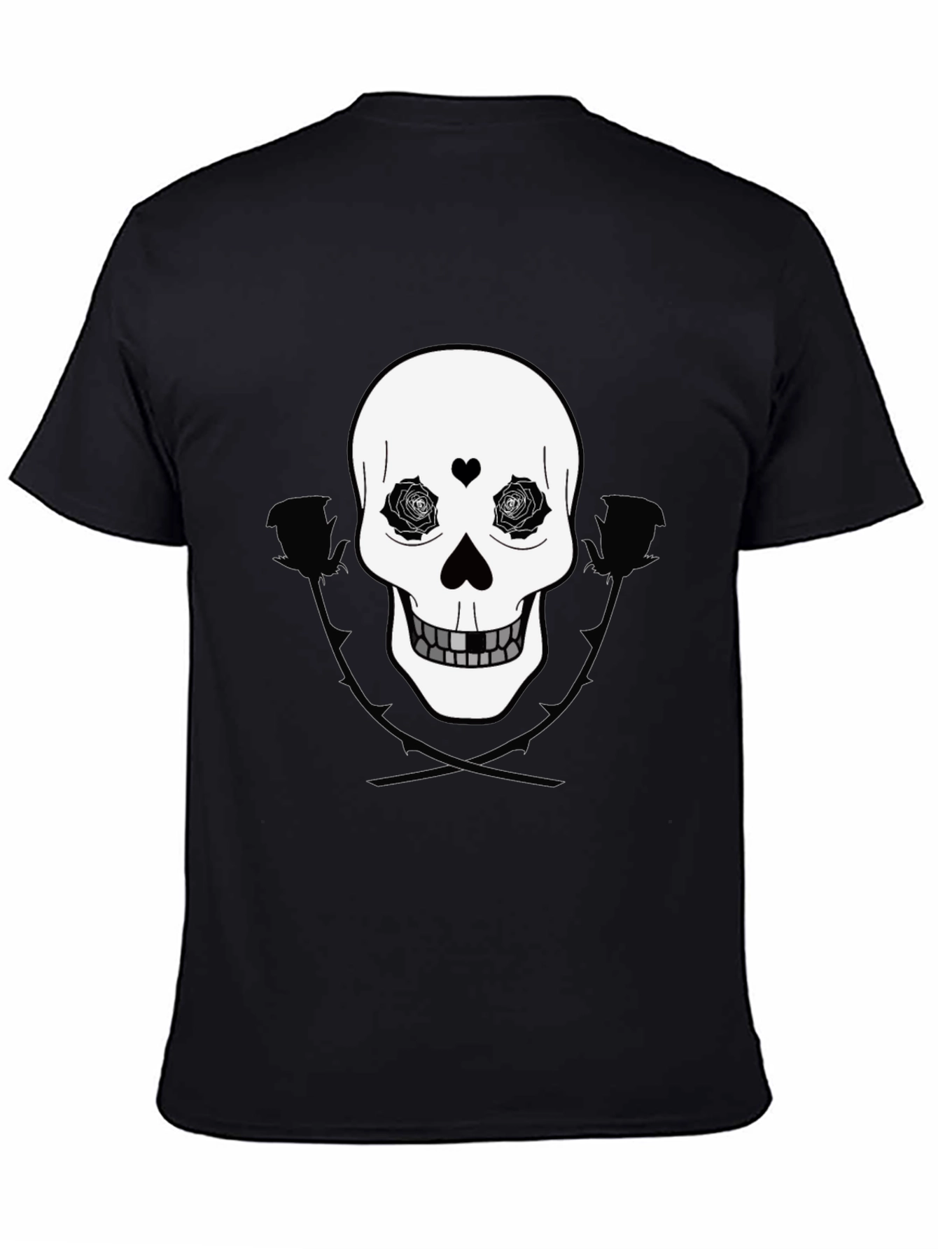 Black Skull & Roses Graphic Tee - Black Cotton Casual Wear view 4