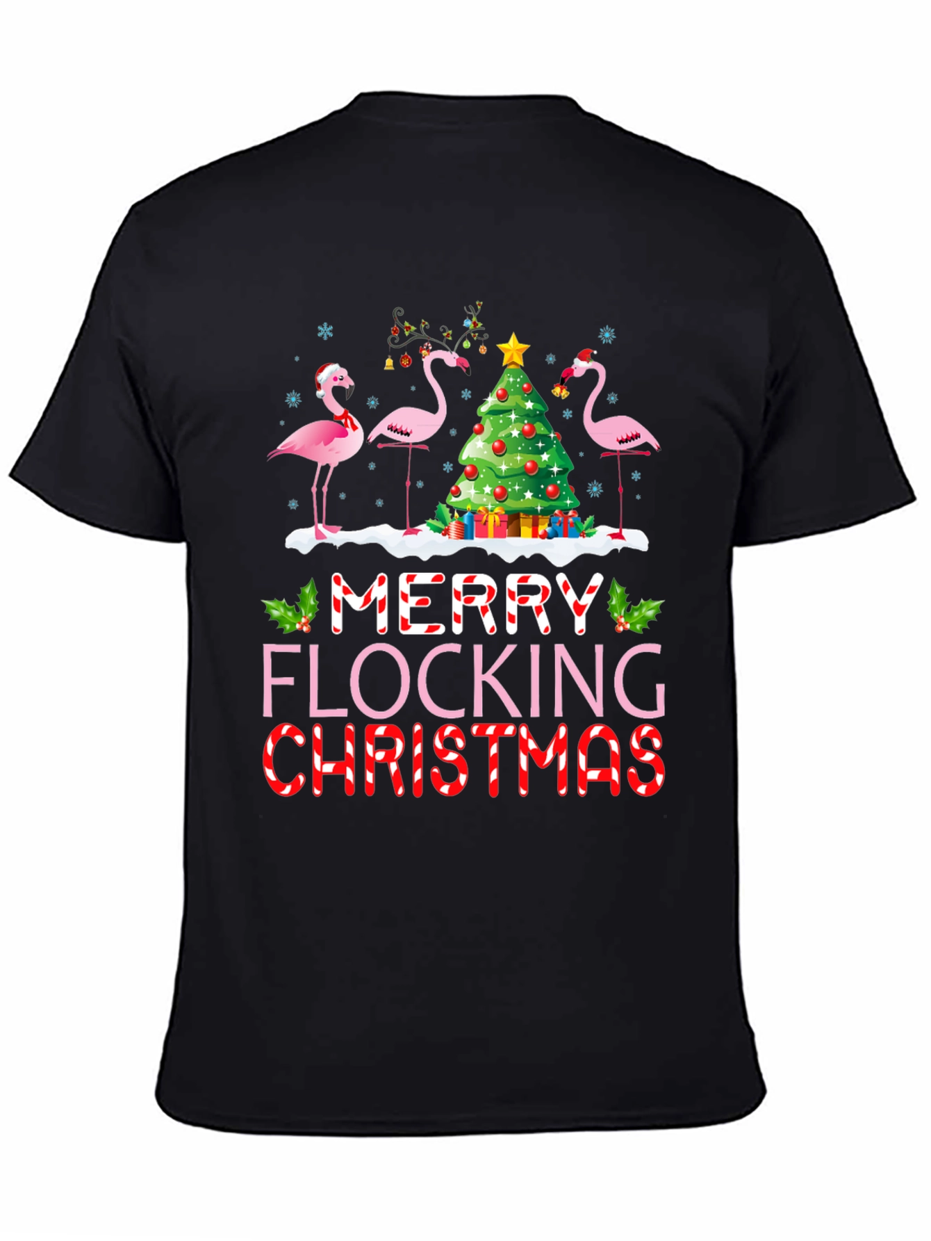 Black Merry Flocking Christmas Flamingo Holiday T-Shirt view 4