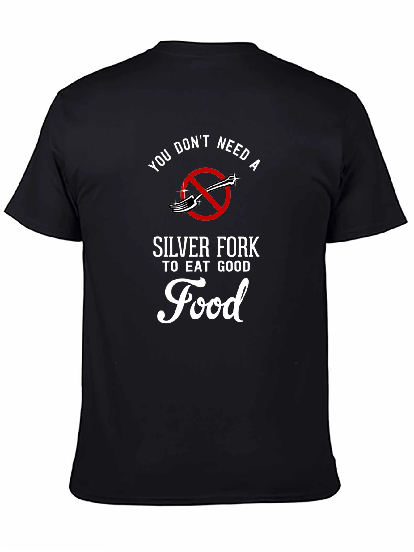Black Funny Foodie T-Shirt - Silver Fork Not Required view 4
