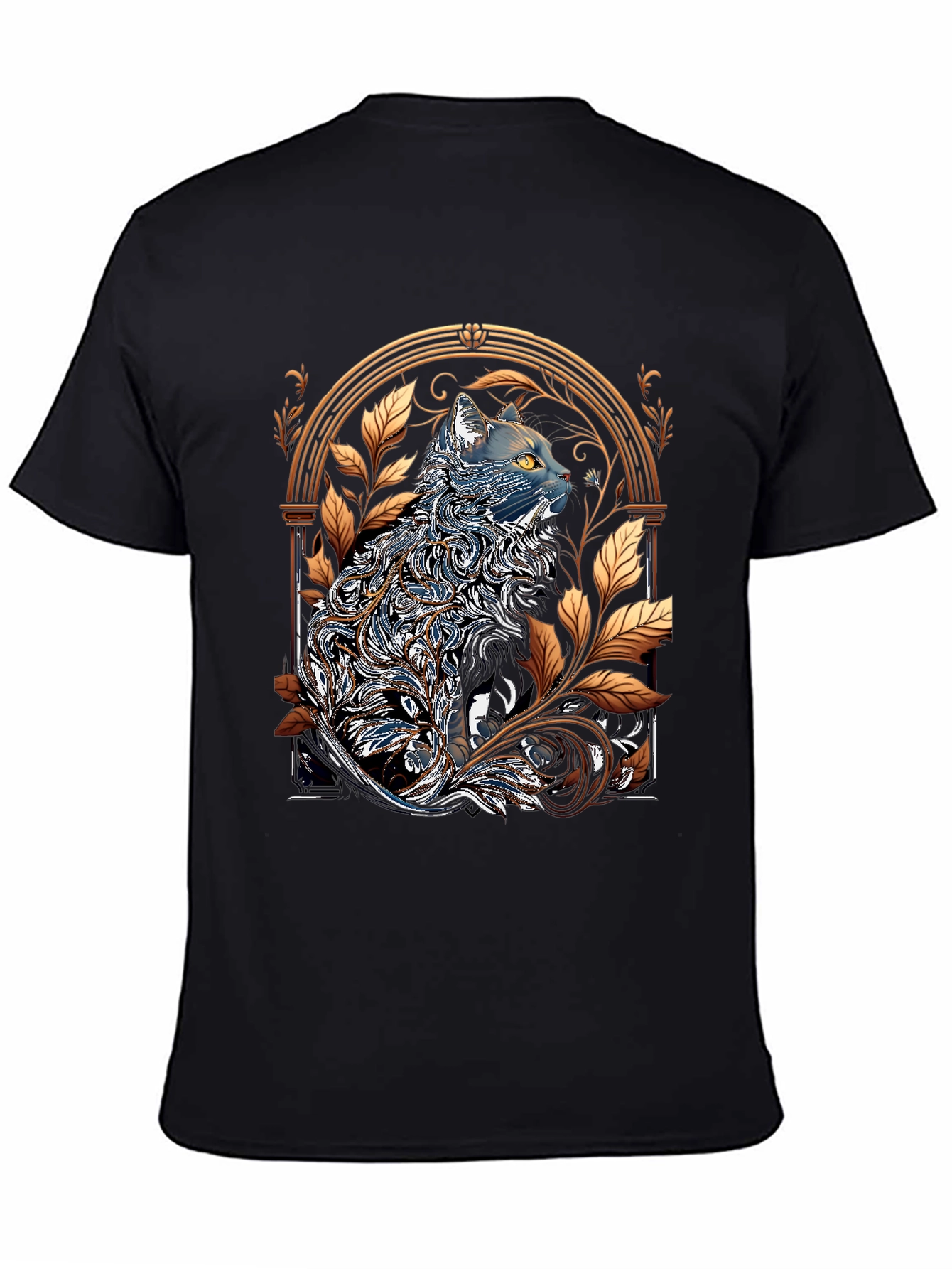 Black Ornate Cat Design Black T-Shirt view 4