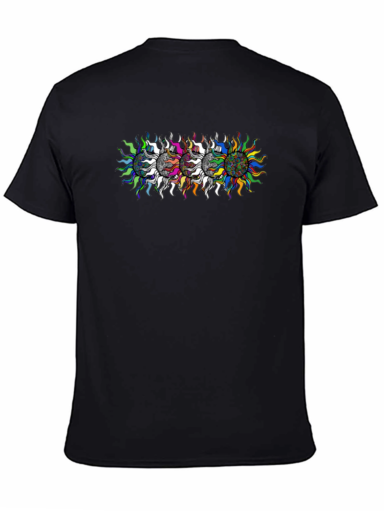 Black Men's Black T-Shirt with Psychedelic Sun Design view 4