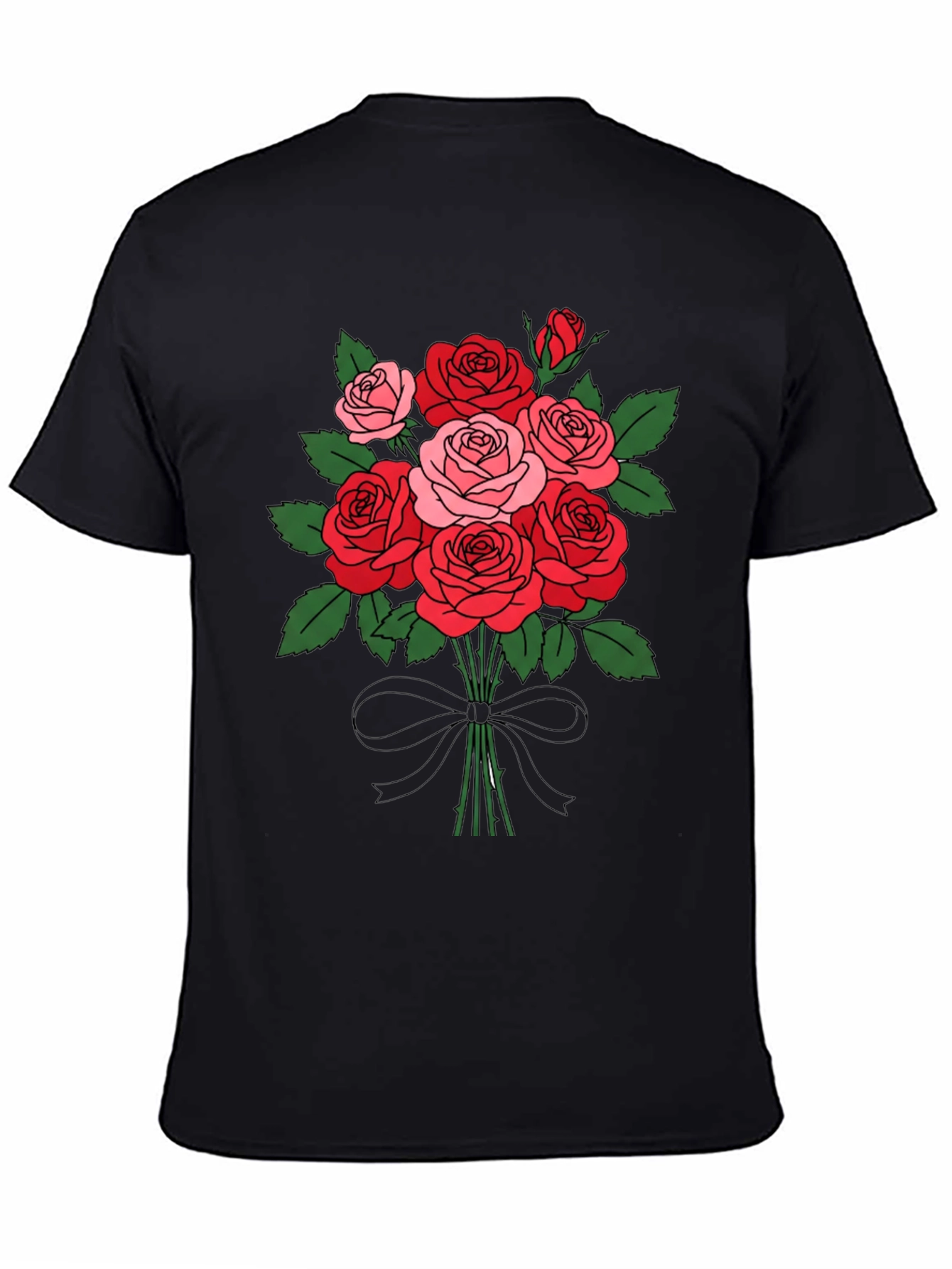Black Floral Bouquet T-Shirt: Roses and Bow view 4