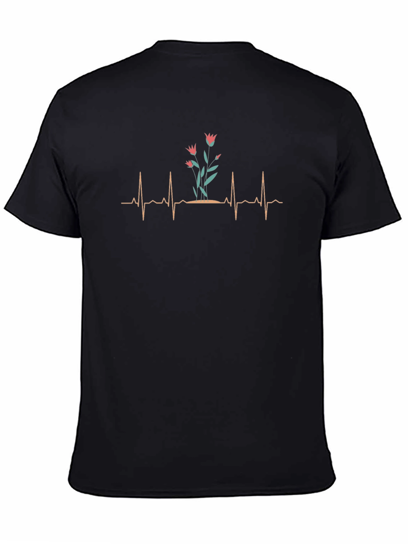 Black Heartbeat Floral Graphic Tee - Stylish Men's Black T-Shirt view 4