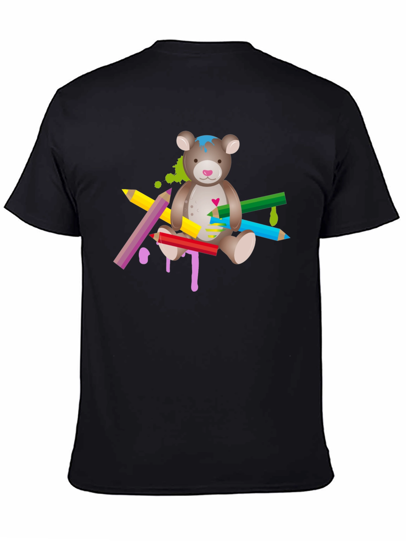 Black Cute Teddy Bear & Colorful Pencils Graphic T-Shirt - Unisex view 4